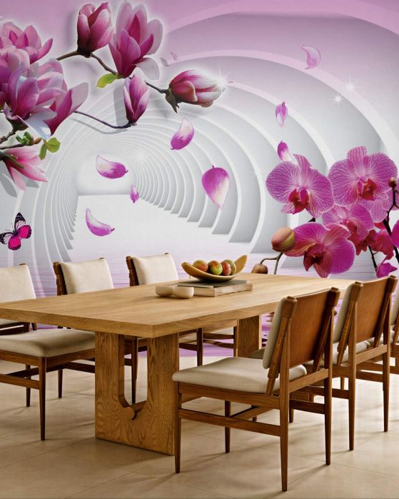 Fototapeta jasne różowe kwiaty magnolii i orchidee