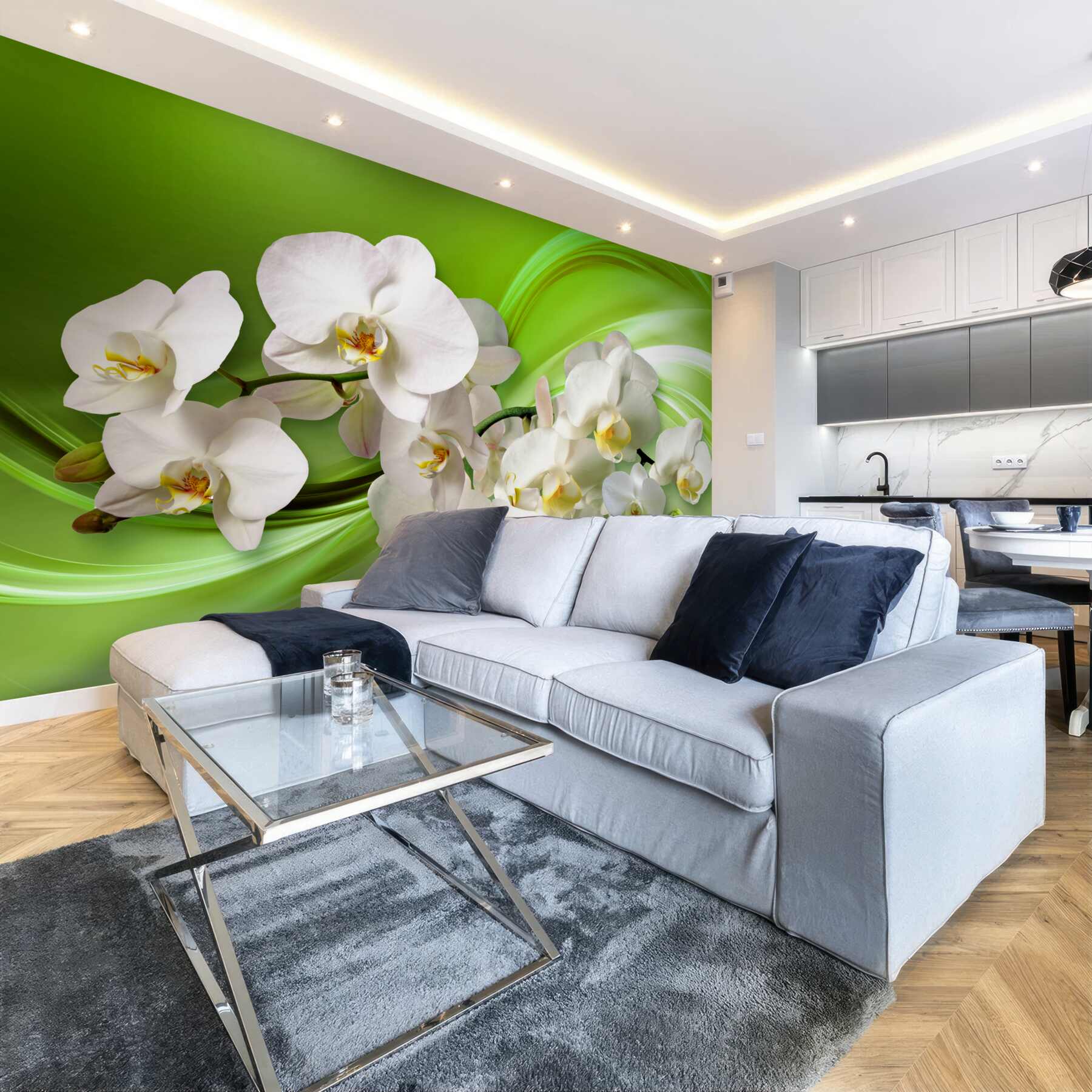 Fototapeta białe orchidee na gałęzi na zielonym tle