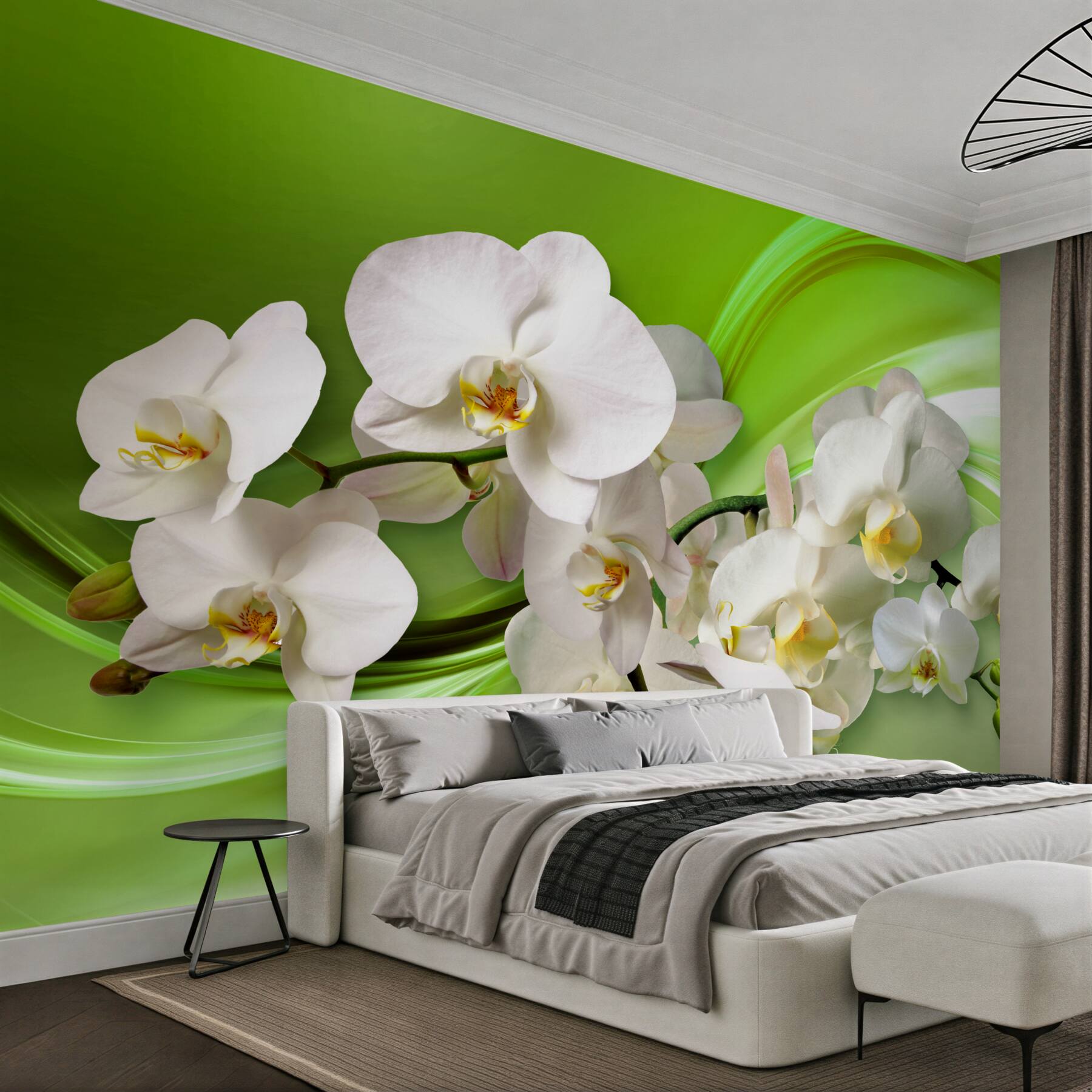 Fototapeta białe orchidee na gałęzi na zielonym tle