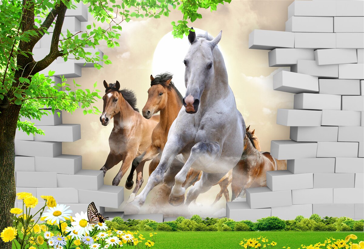 Fototapeta galop różnych koni rozbijających cegłę