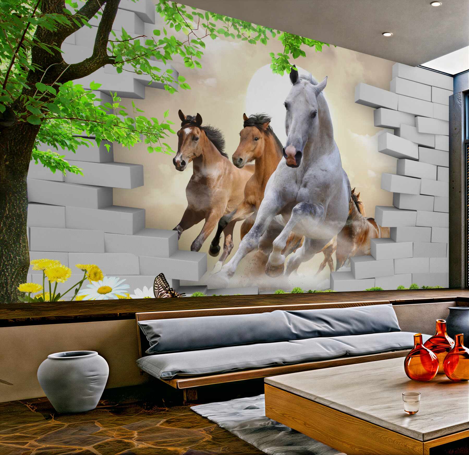 Fototapeta galop różnych koni rozbijających cegłę