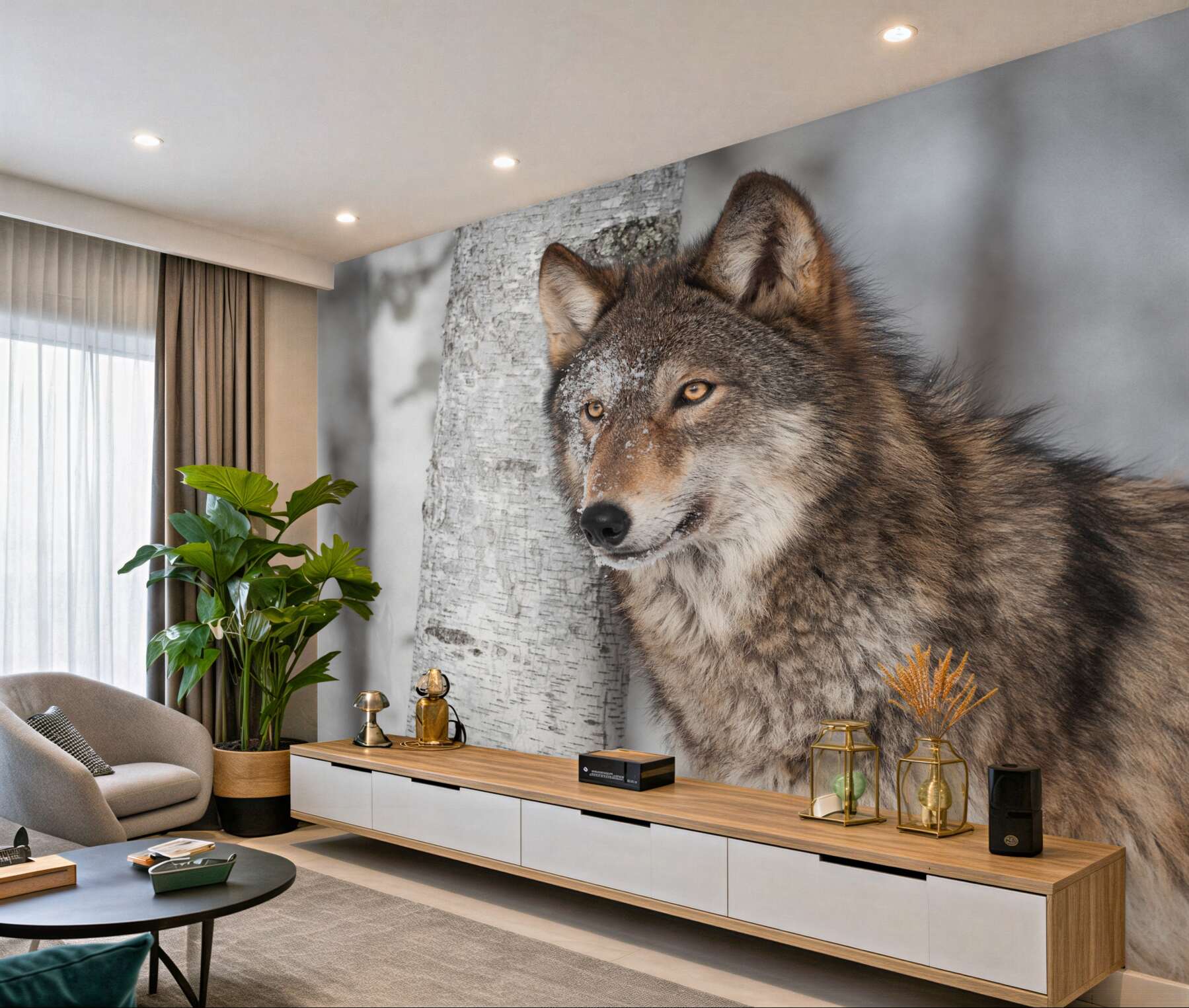 Fototapeta brązowy wilk czai się w pobliżu brzozy