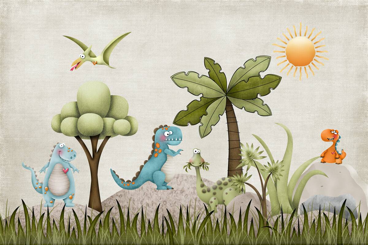 Fototapeta kreskówkowe dinozaury w lesie