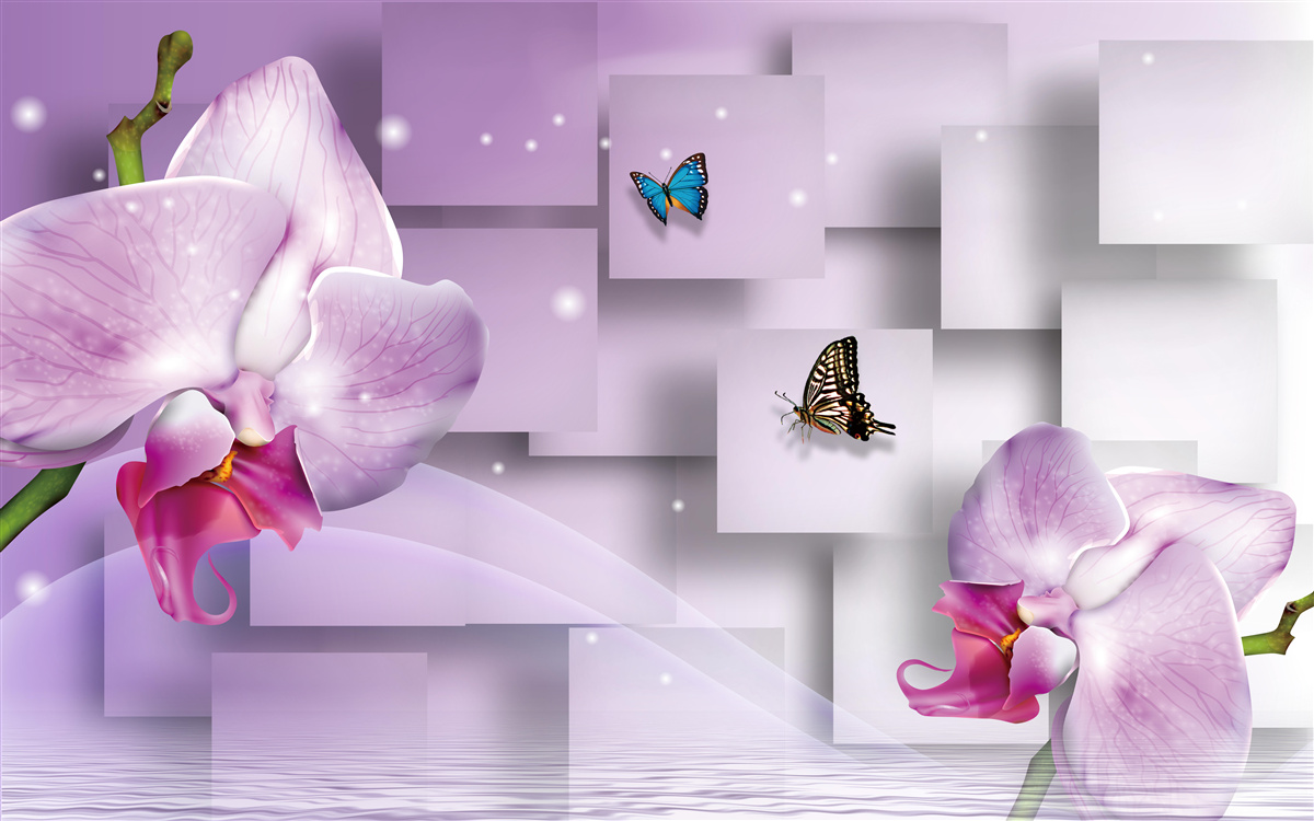 Fototapeta liliowe orchidee i motyle na tle geometrycznym