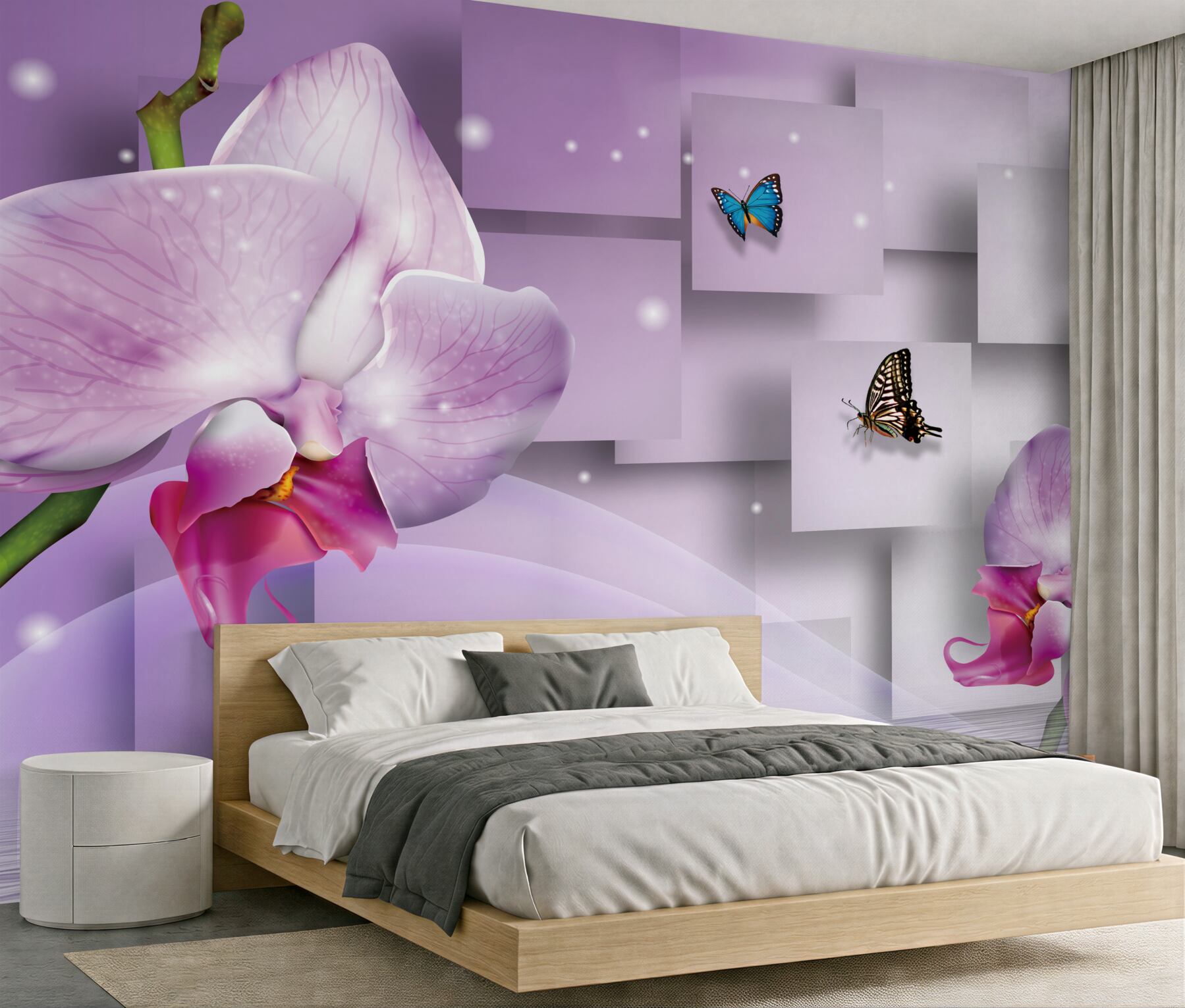Fototapeta liliowe orchidee i motyle na tle geometrycznym