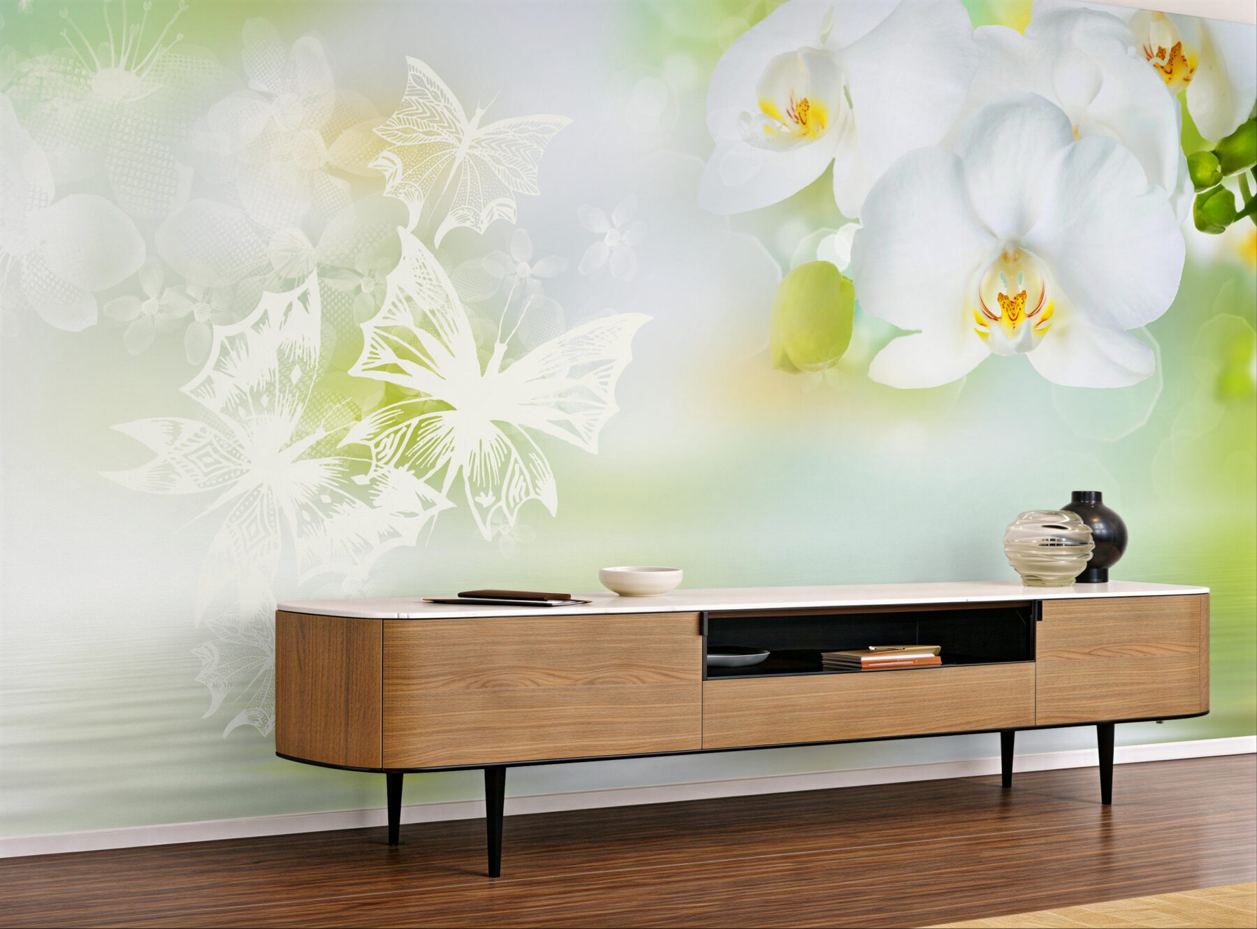 Fototapeta białe kwiaty orchidei w odbiciu w wodzie