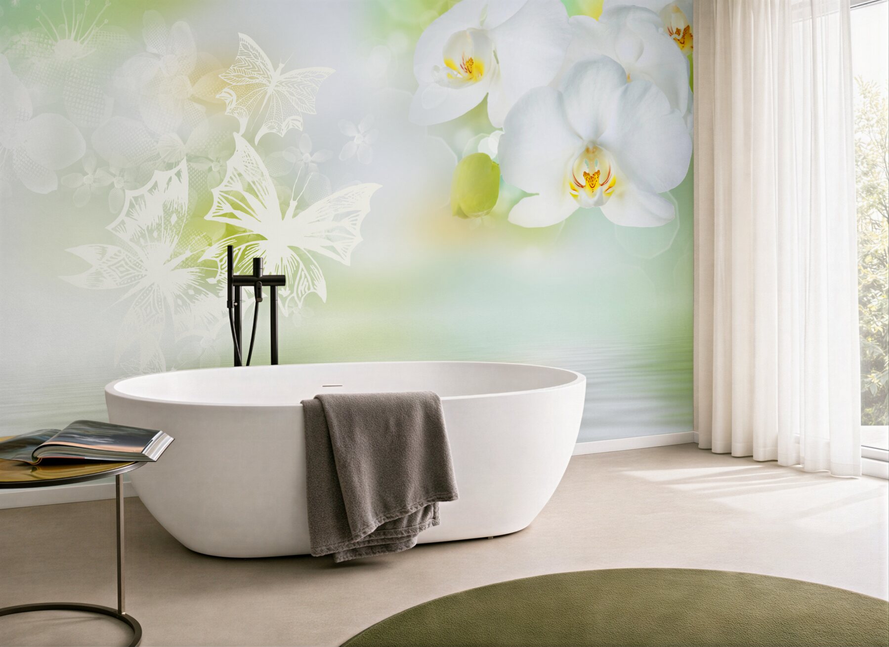 Fototapeta białe kwiaty orchidei w odbiciu w wodzie