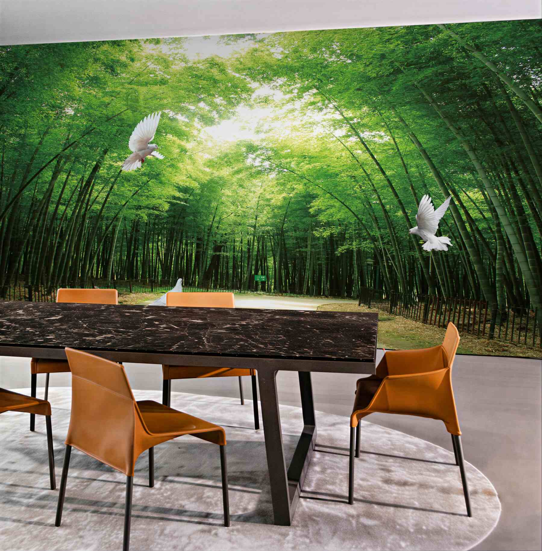 Fototapeta wejście do zielonego ogrodu botanicznego z gołębiami