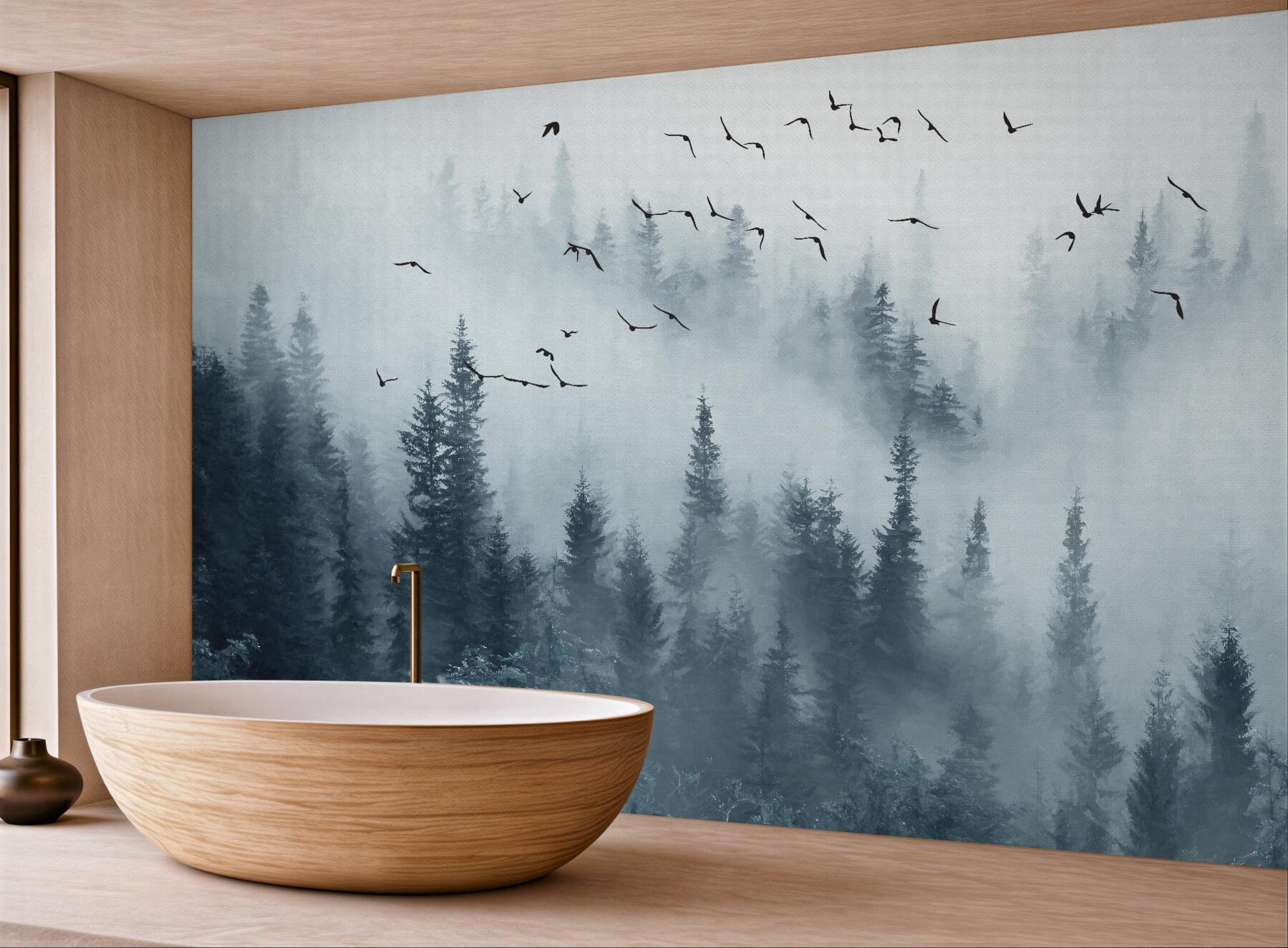 Fototapeta ptaki latają nad mglistym lasem