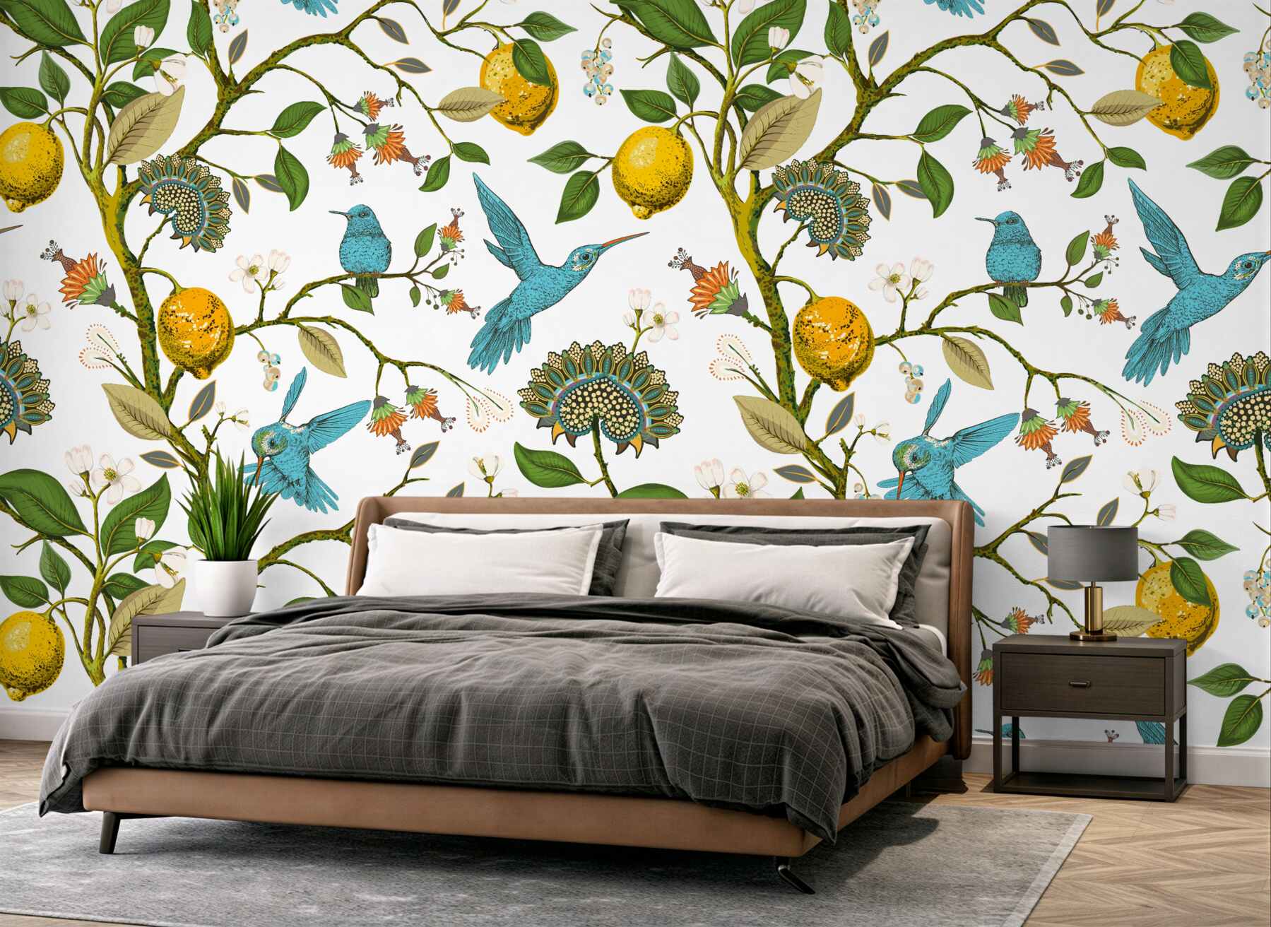 Fototapeta niebieskie kolibry i cytryny