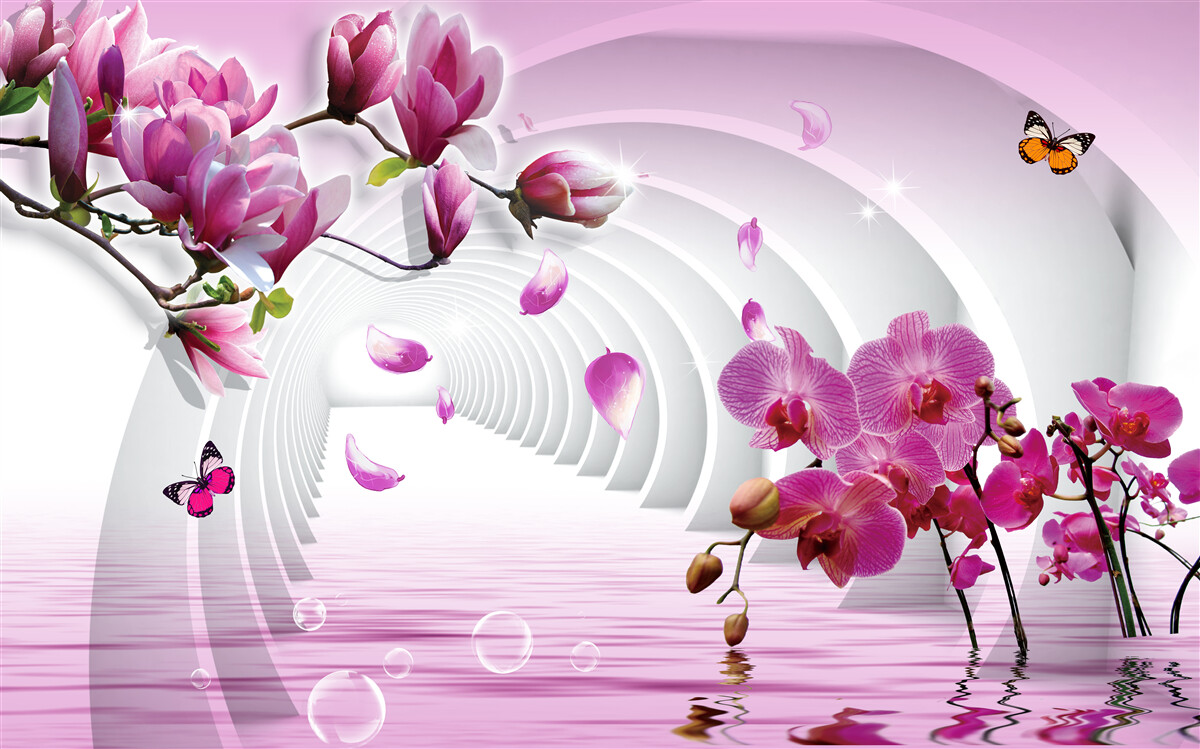 Fototapeta jasne różowe kwiaty magnolii i orchidee