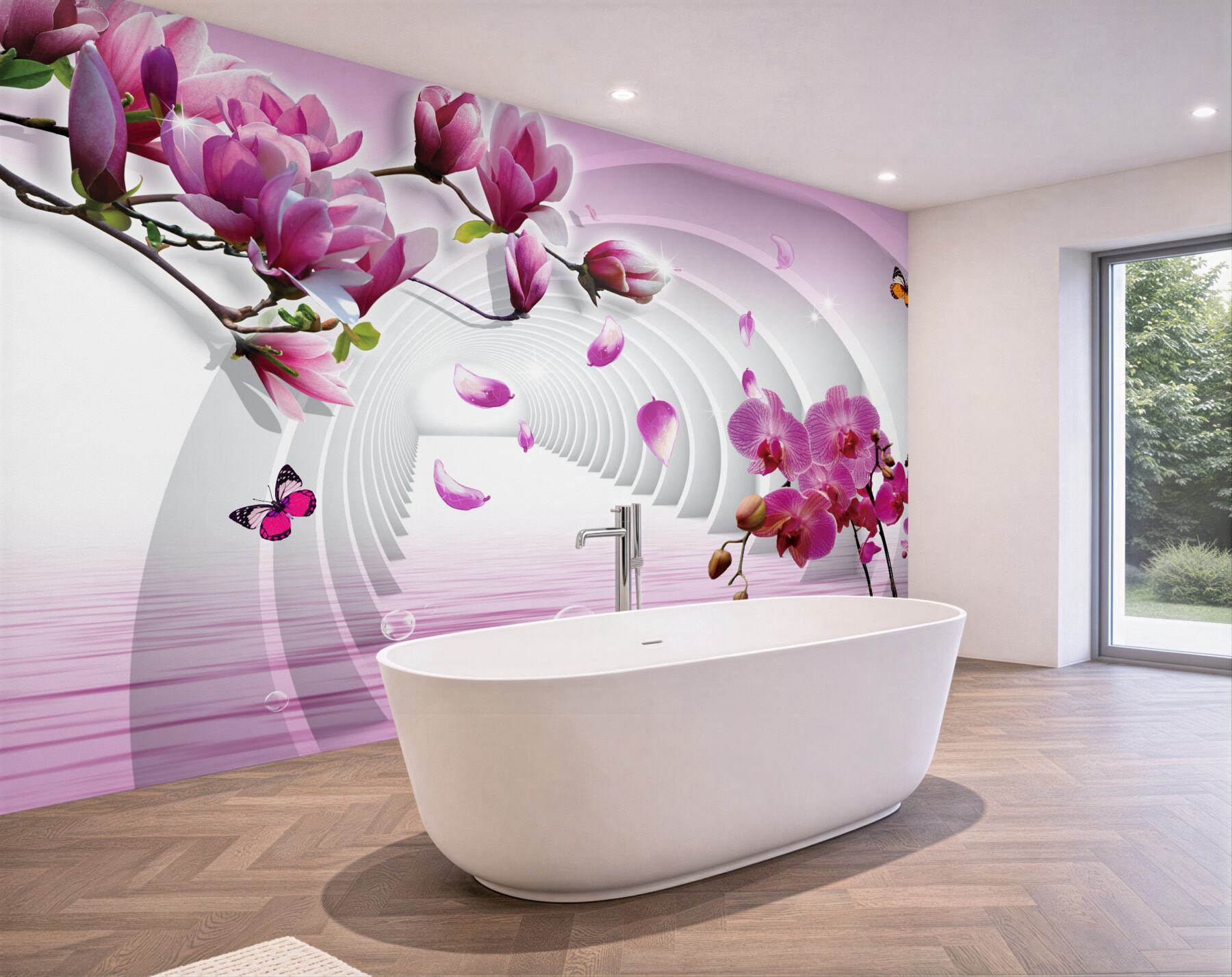 Fototapeta jasne różowe kwiaty magnolii i orchidee