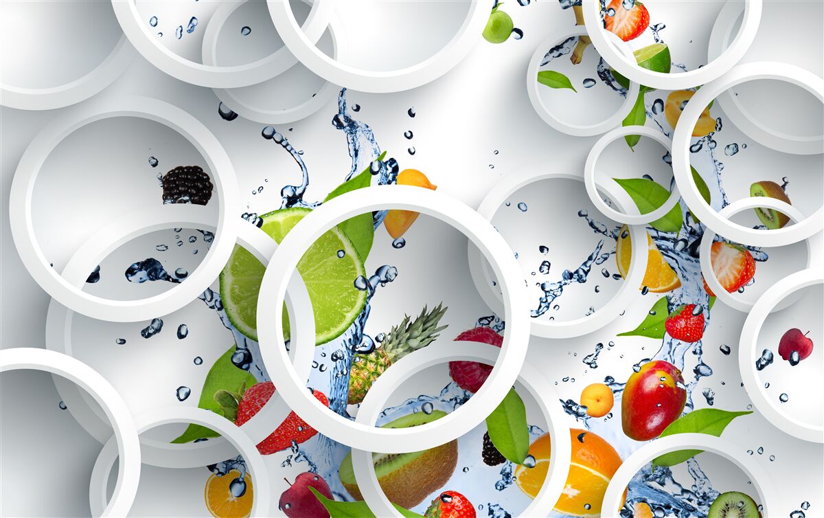 Fototapeta letnie owoce w kroplach wody spadają pod kręgi