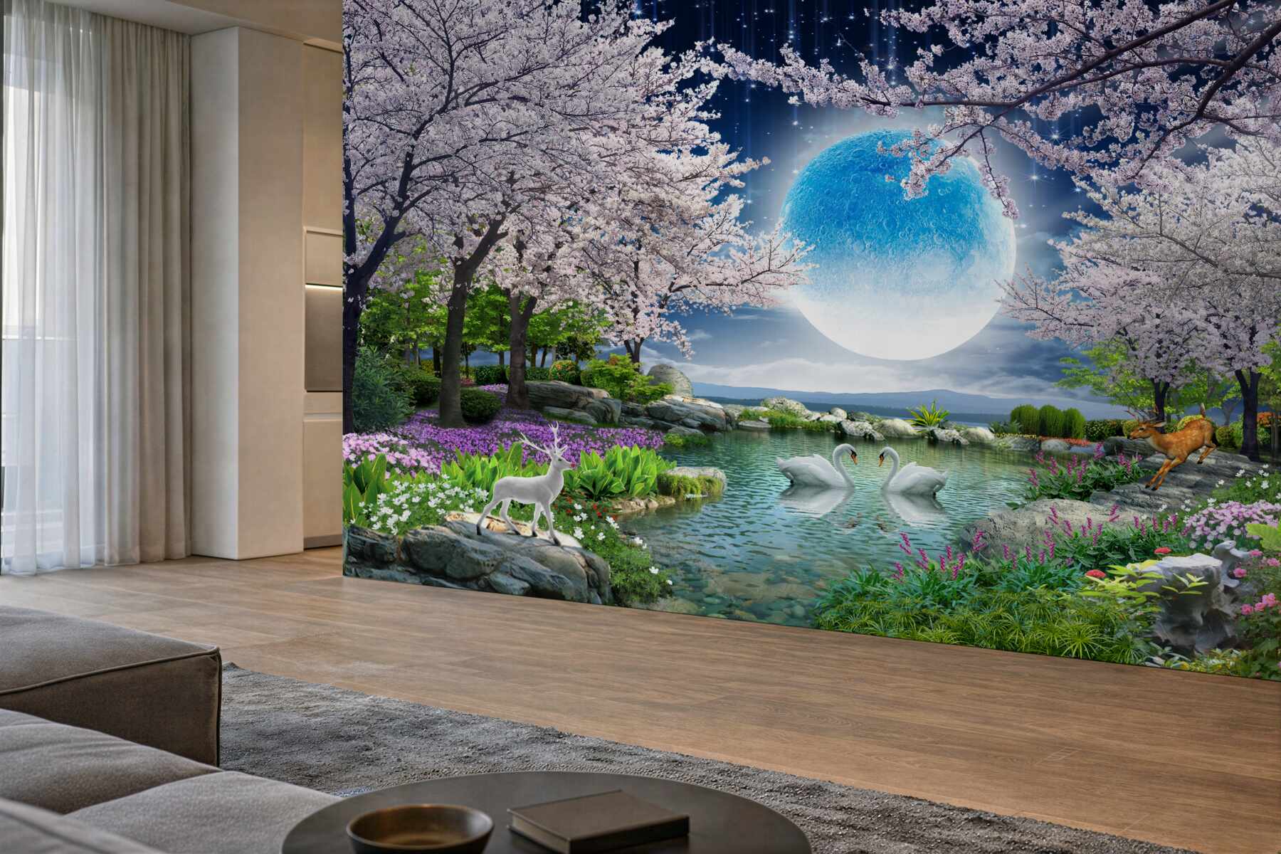 Fototapeta bajkowy księżyc w kwitnącym ogrodzie sakura