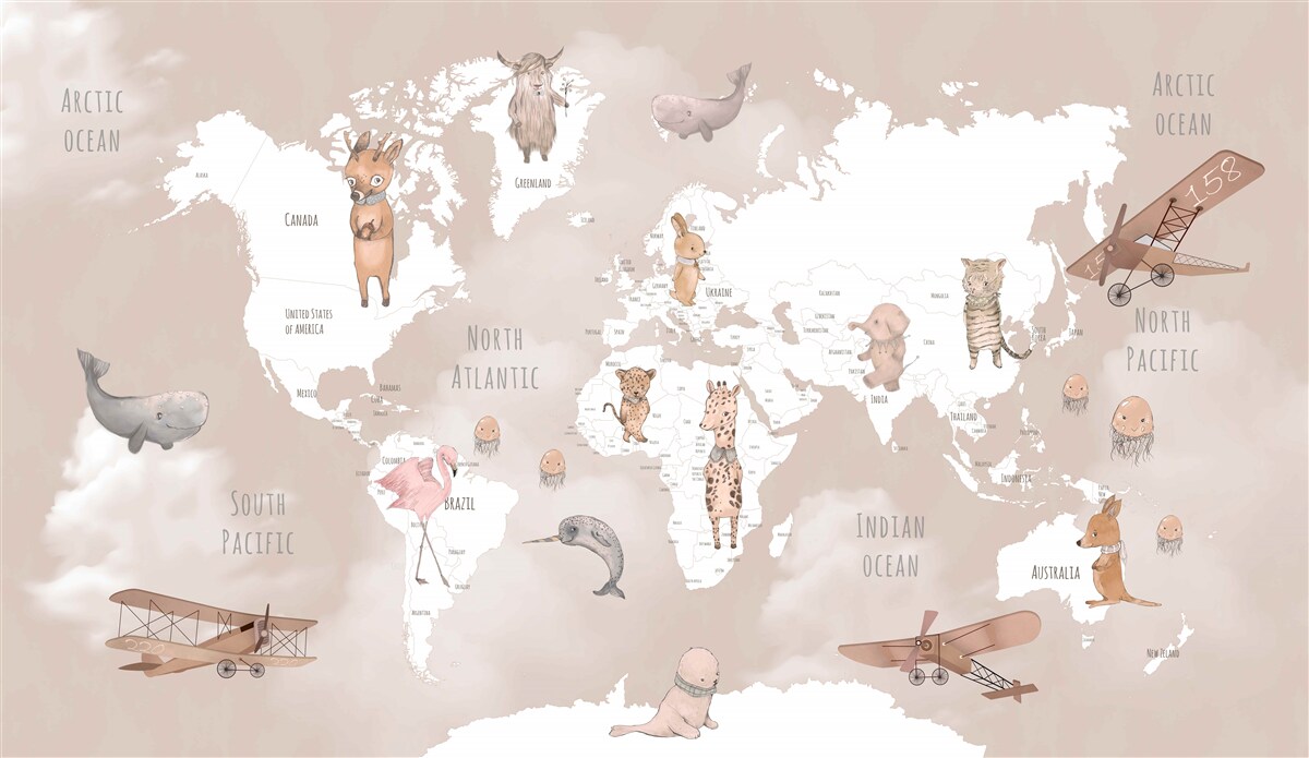 Fototapeta mapa świata ze zwierzętami i samolotami