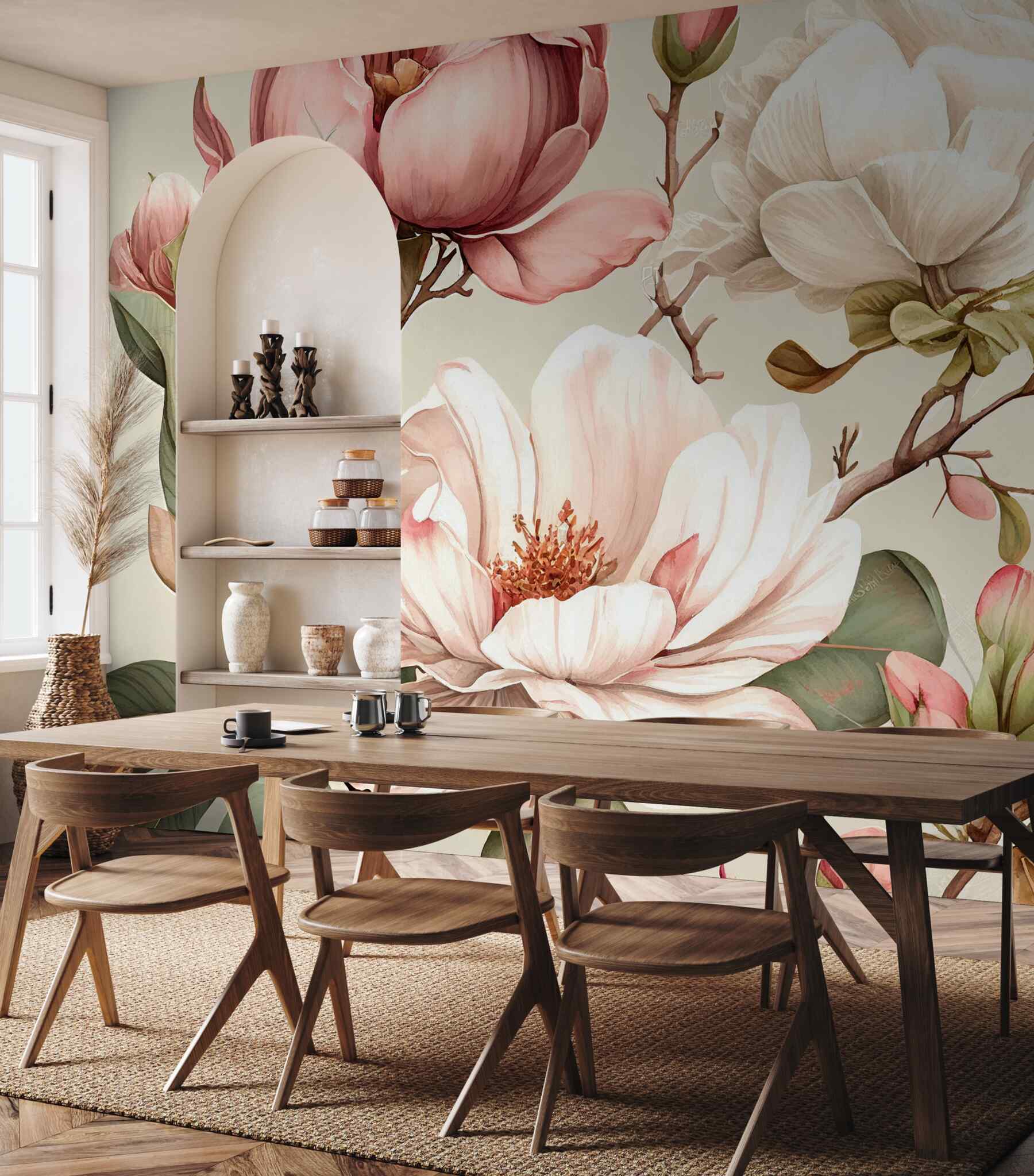 Fototapeta białe i czerwone kwiaty magnolii na gałęziach