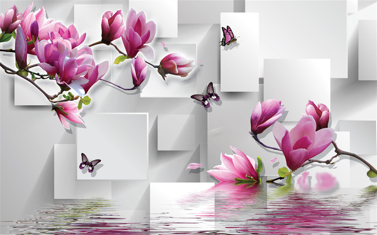 Fototapeta fioletowe kwiaty magnolii nad wodą