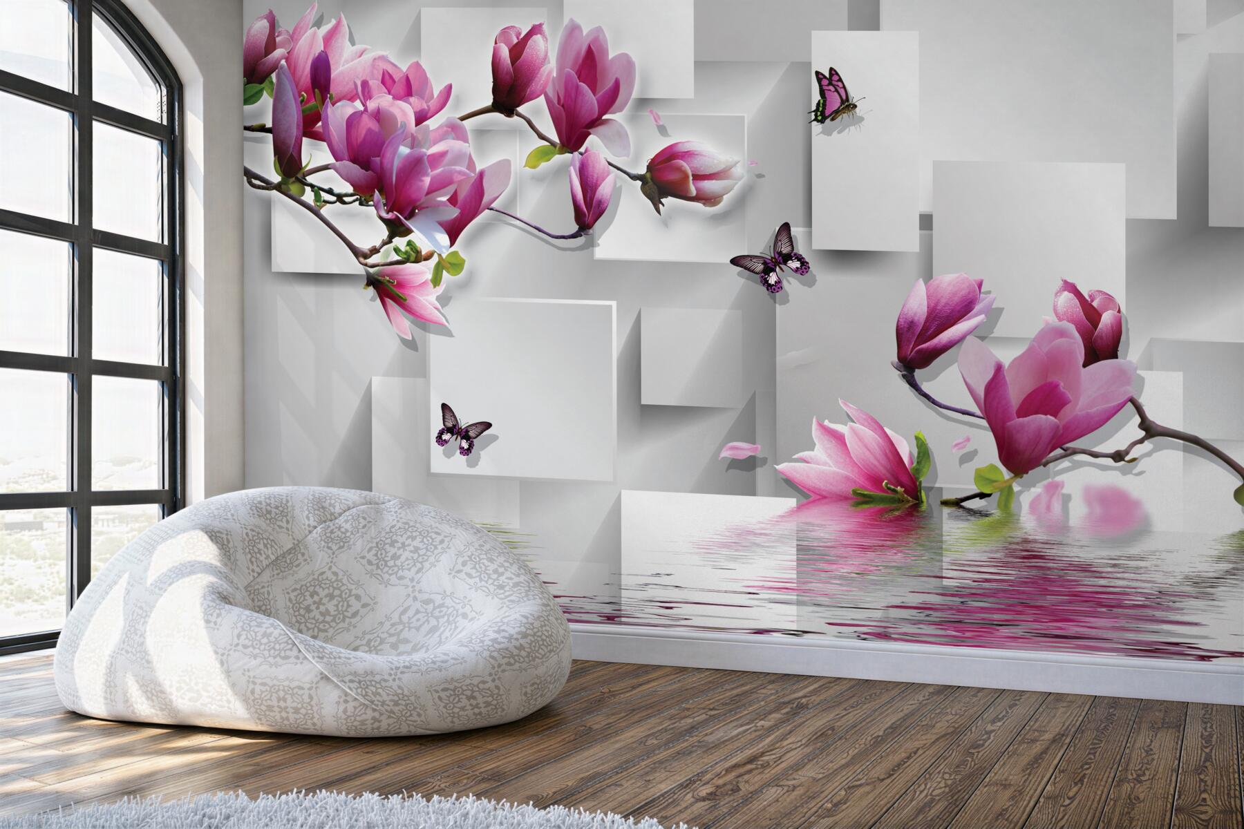 Fototapeta fioletowe kwiaty magnolii nad wodą