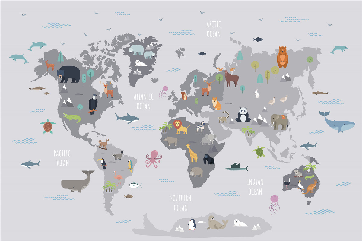 Fototapeta mapa świata ze zwierzętami w szarych kolorach