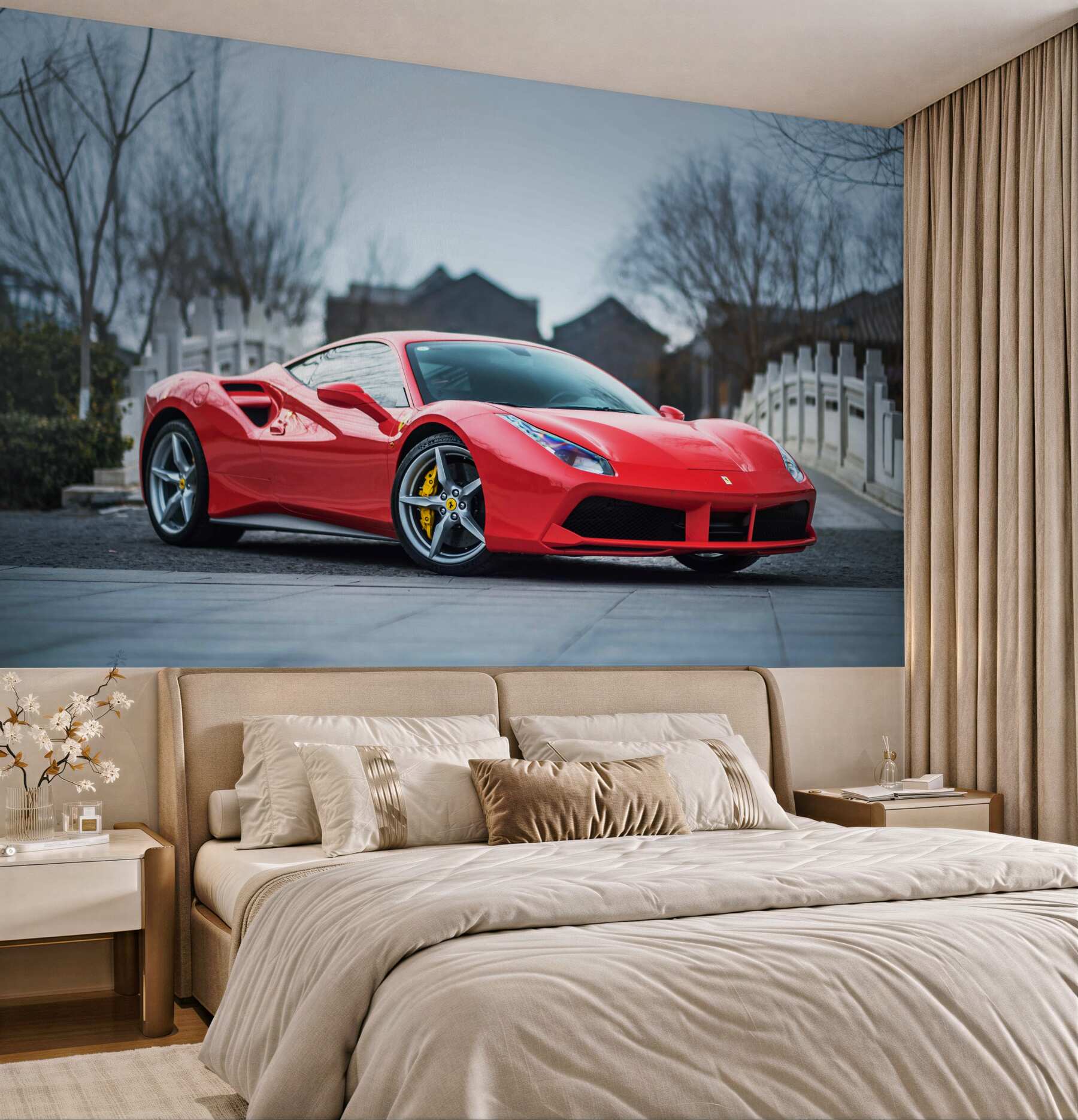 Fototapeta Jasnoczerwone Ferrari w deszczowy dzień