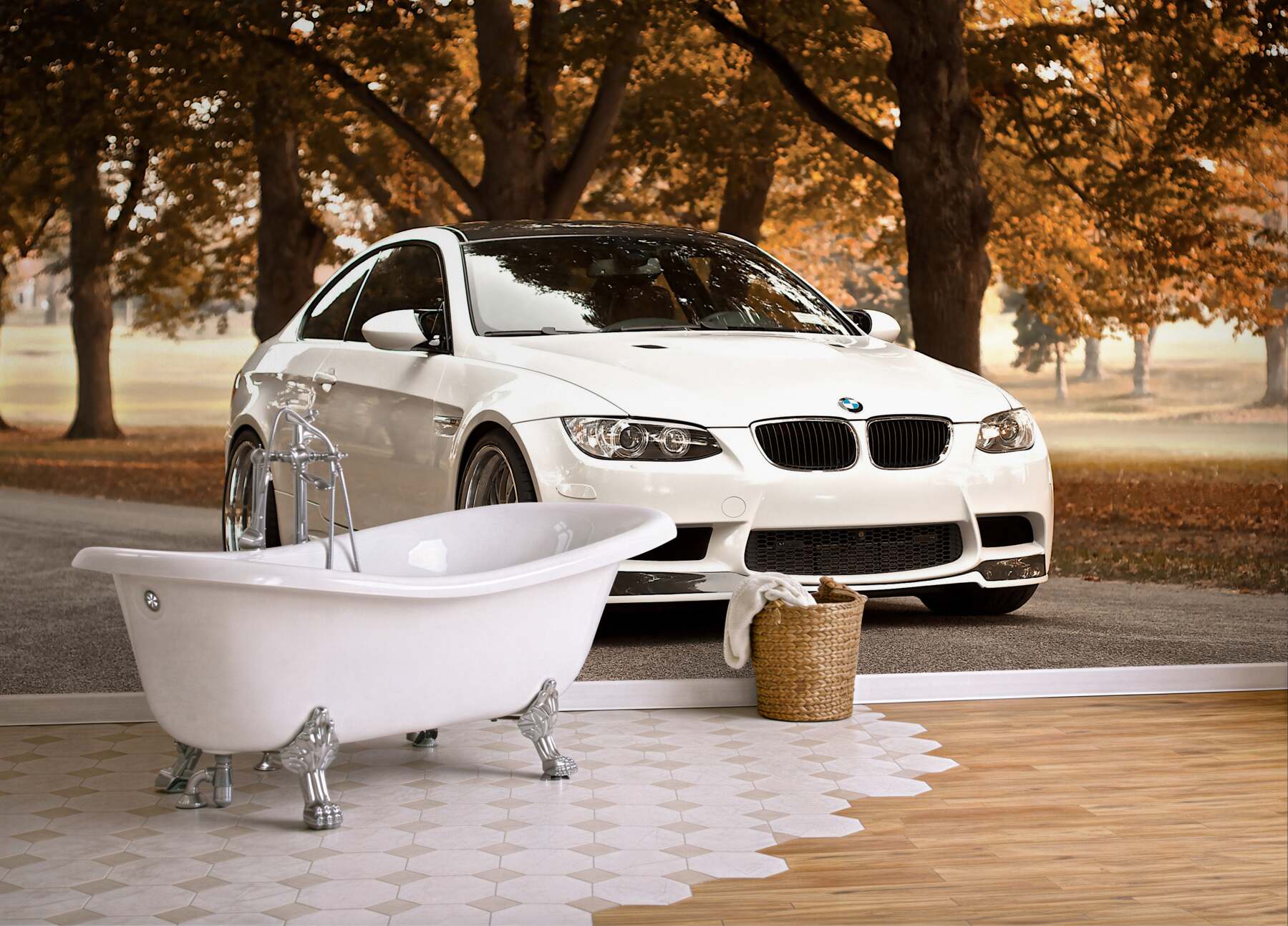 Fototapeta Białe BMW na drodze jesienią