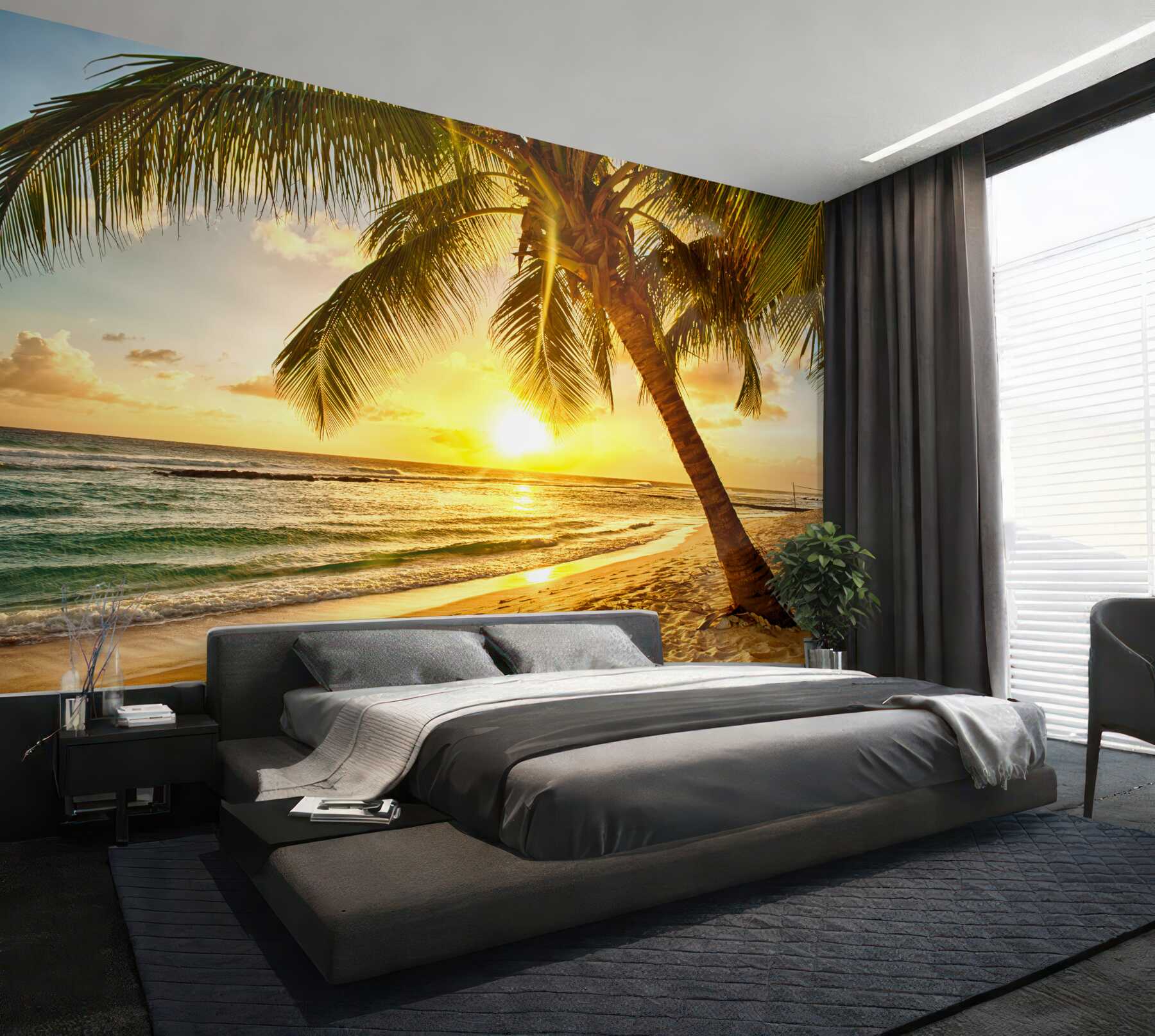 Fototapeta zachód słońca na tle oceanu i palm