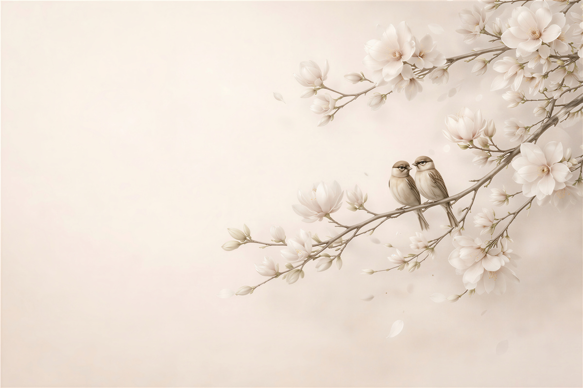 Fototapeta magnolie z ptaszkami w beżu