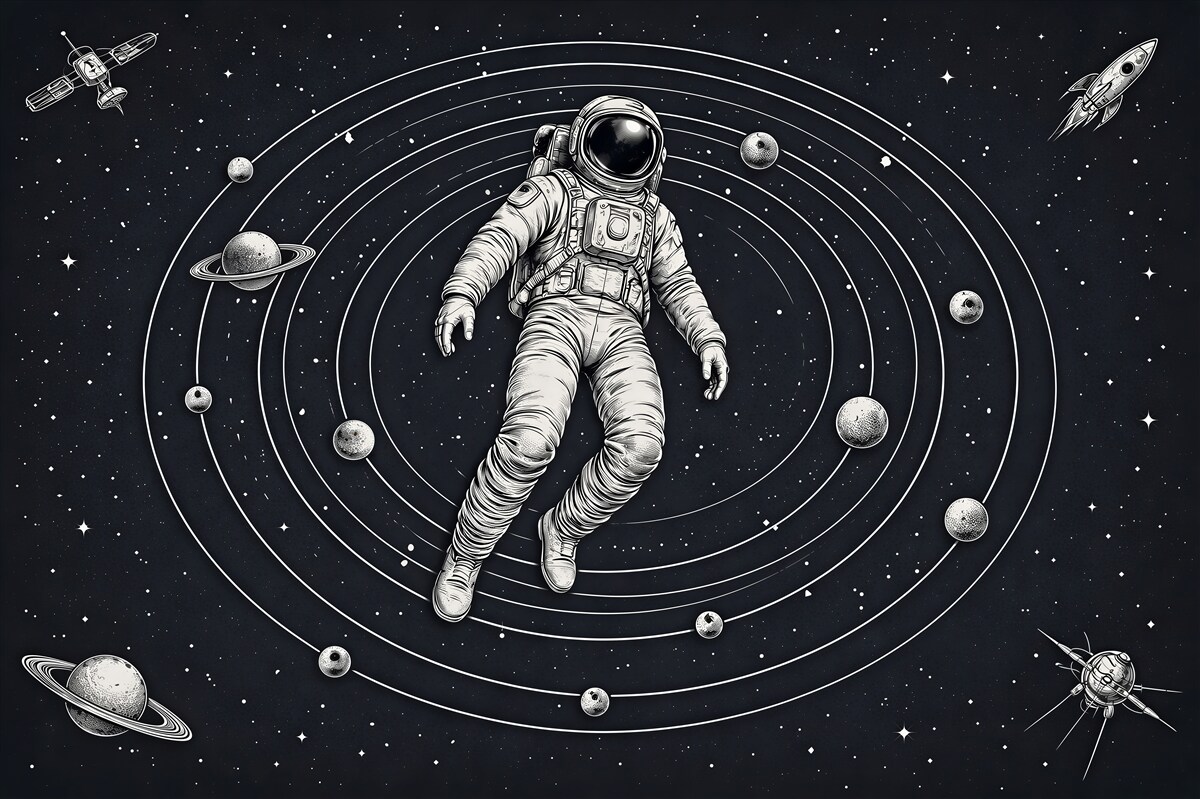 Fototapeta astronauta wśród planet retro