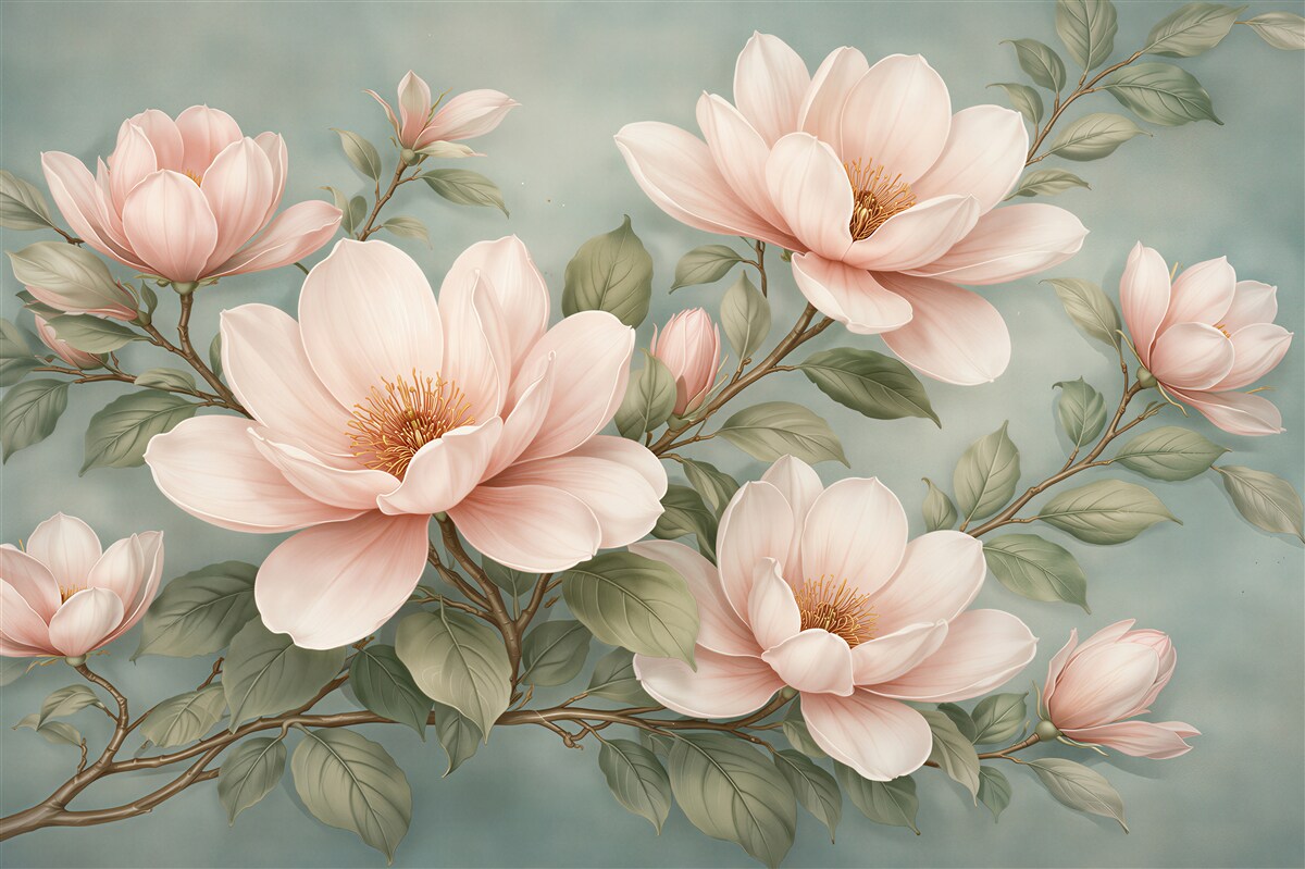 Fototapeta pudrowe magnolie na turkusowym tle