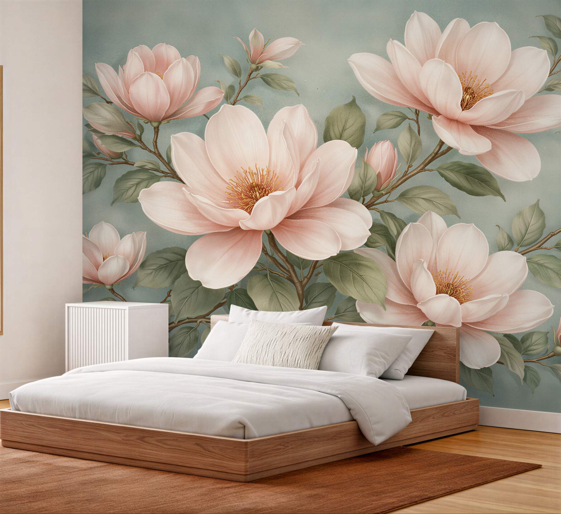 Fototapeta pudrowe magnolie na turkusowym tle