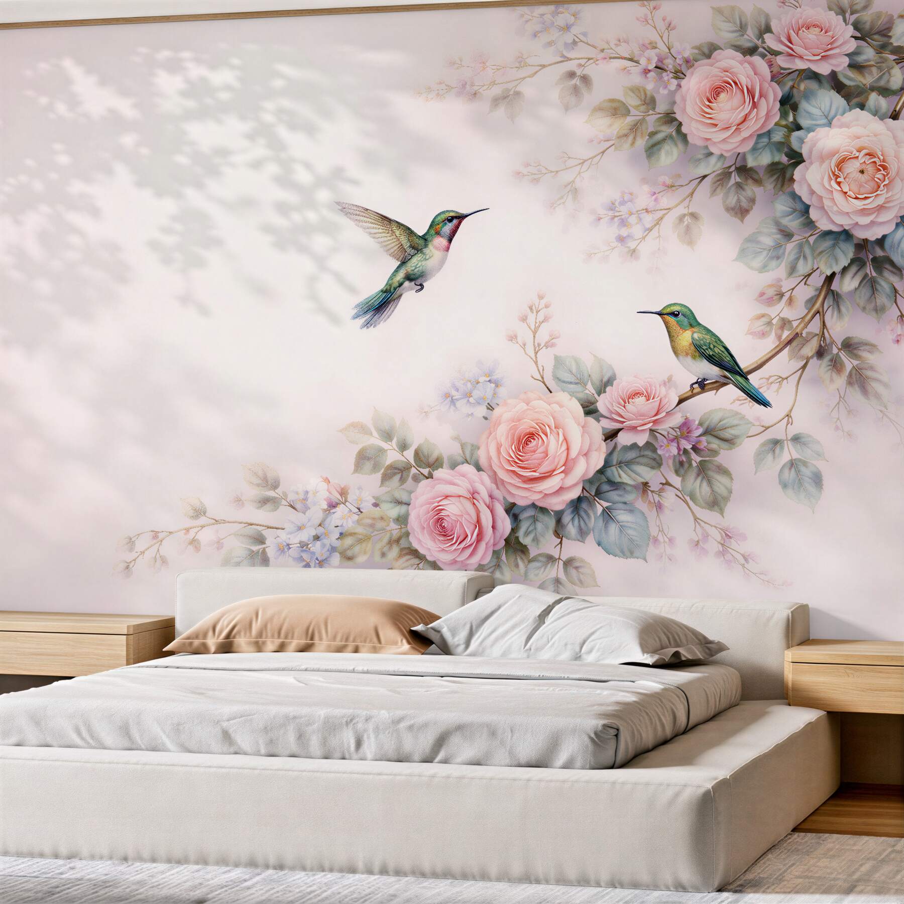 Fototapeta kolibry wśród pastelowych róż