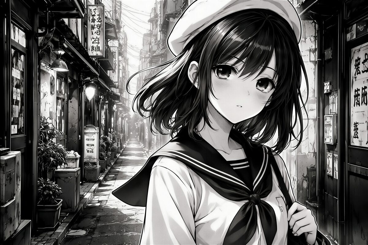 Fototapeta manga dziewczyna w miejskiej uliczce