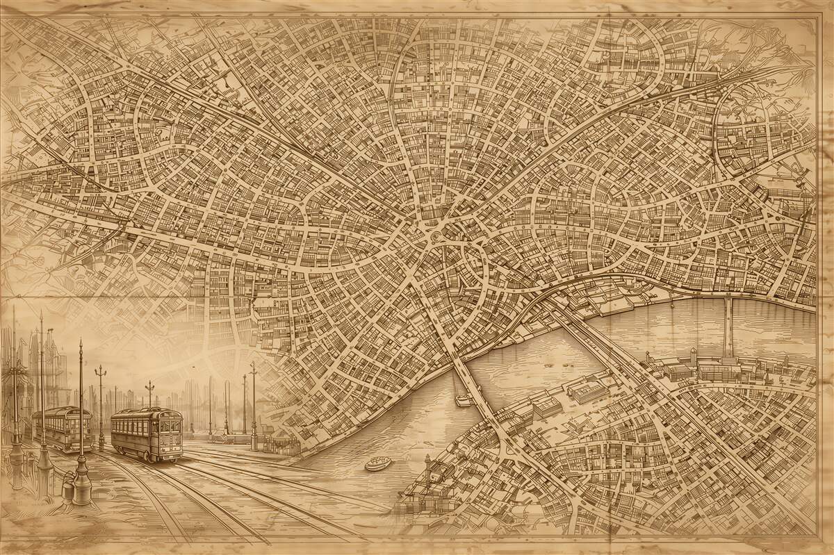 Fototapeta mapa miasta nad rzeką