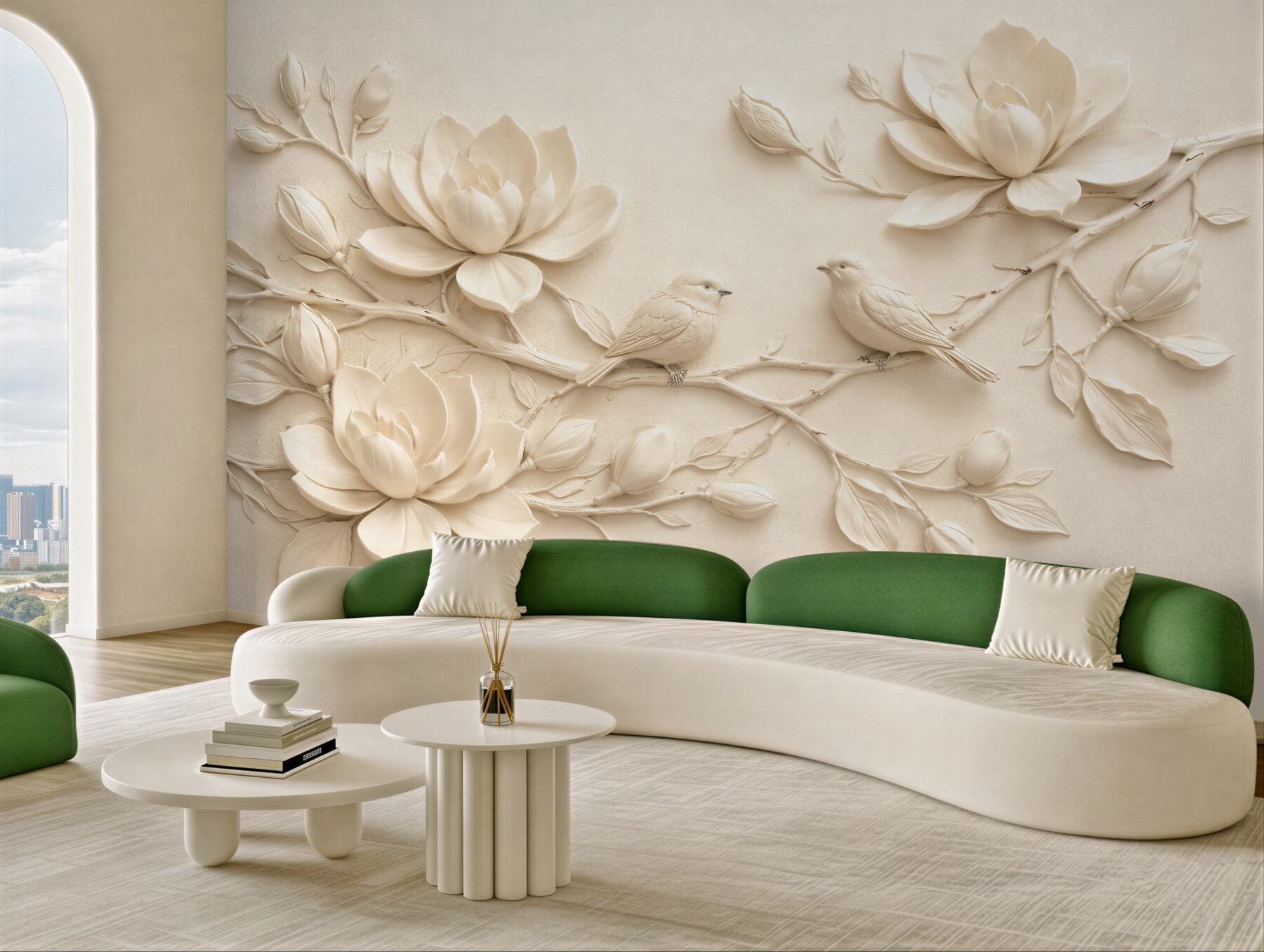 Fototapeta kremowe magnolie z ptakami