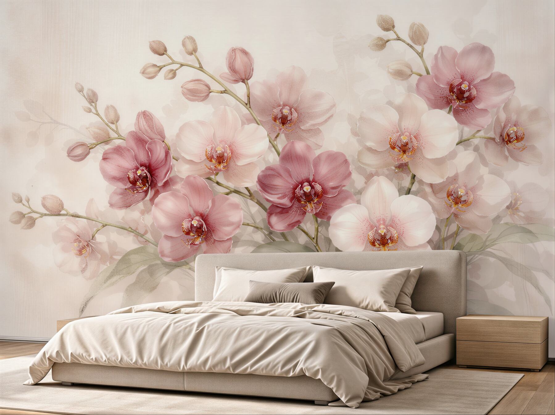 Fototapeta pudrowe orchidee w świetlistej kompozycji
