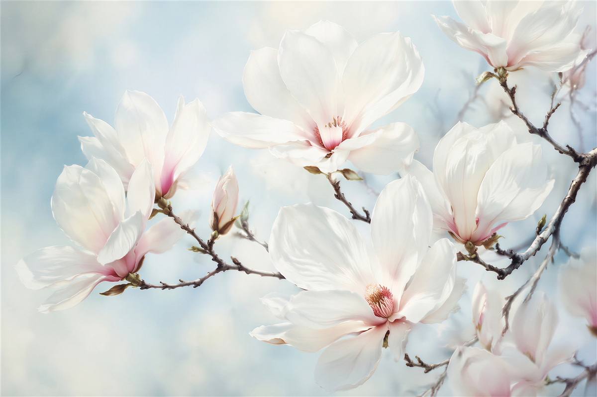 Fototapeta delikatna magnolia na błękitnym tle