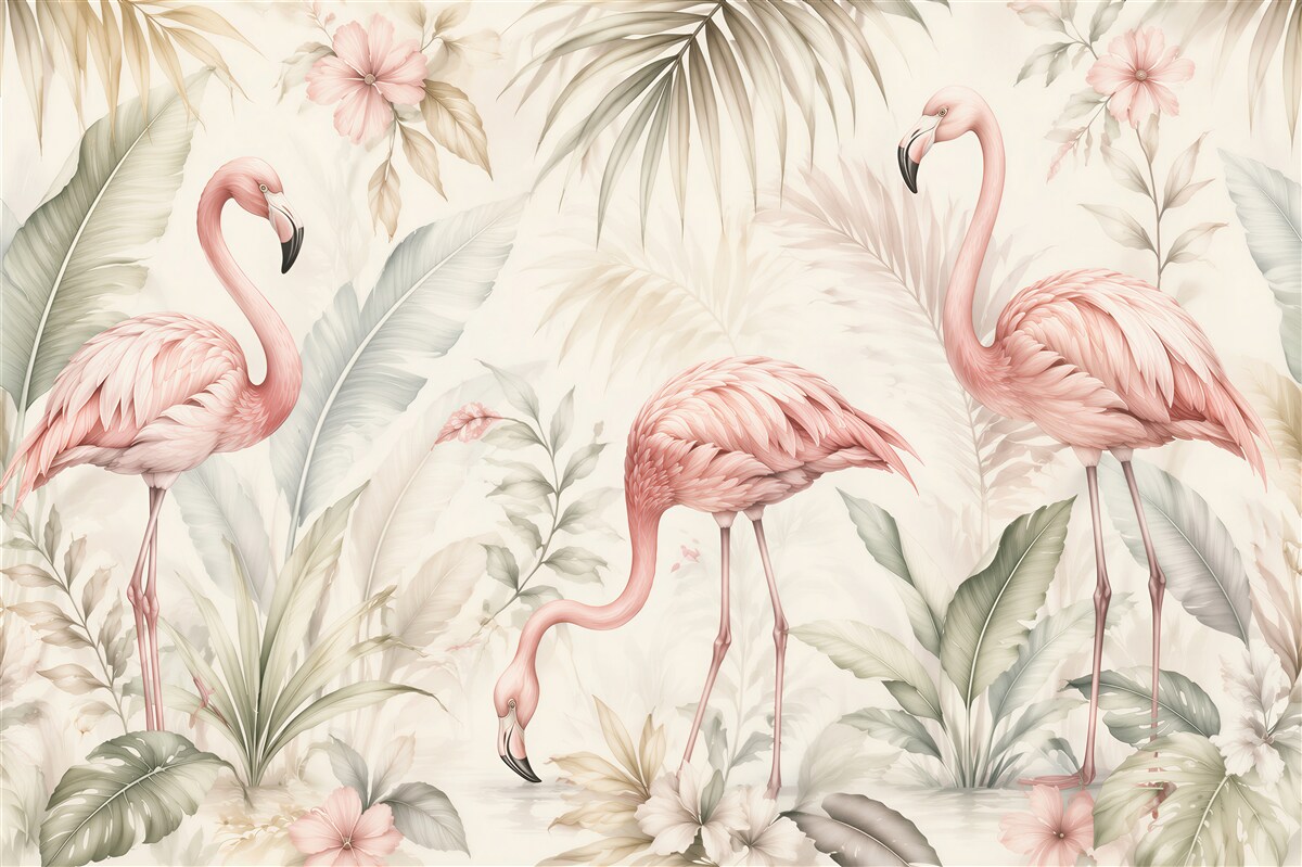 Fototapeta pastelowe flamingi w tropikalnym ogrodzie