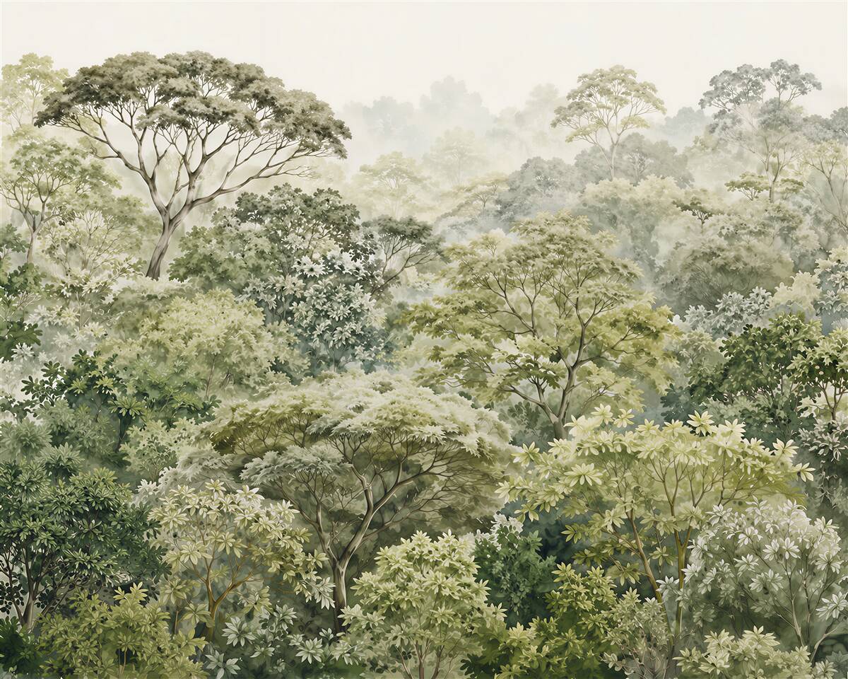 Fototapeta mglisty leśny pejzaż akwarelowy