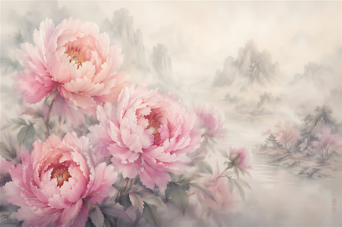 Fototapeta różowe piwonie w orientalnej mgle