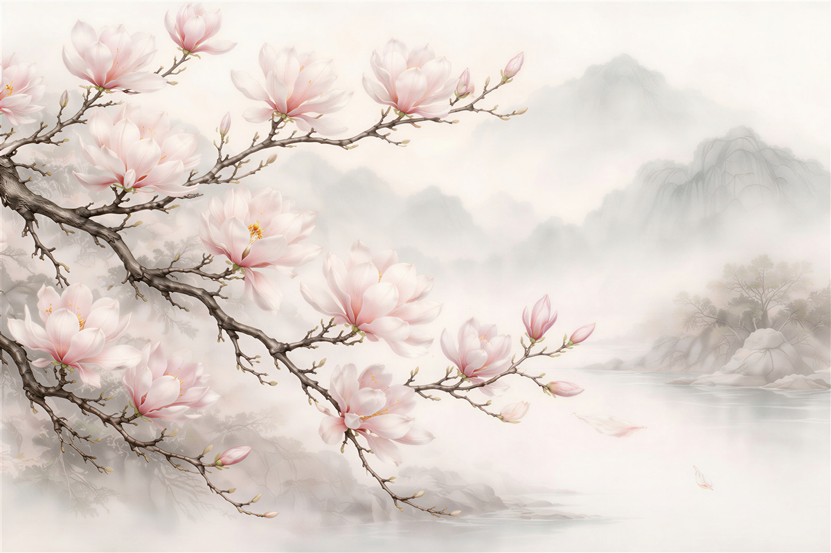 Fototapeta magnolie nad mglistym jeziorem