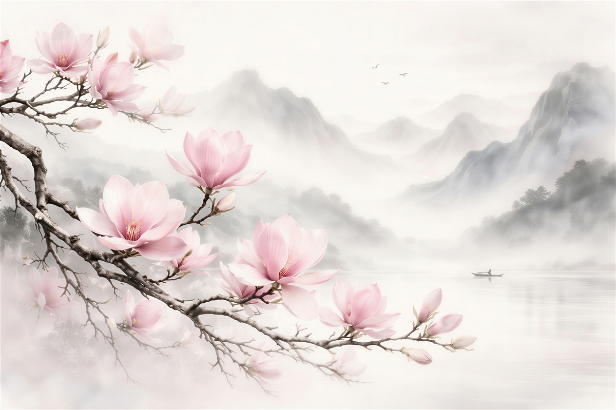 Fototapeta magnolie nad mglistym jeziorem górskim