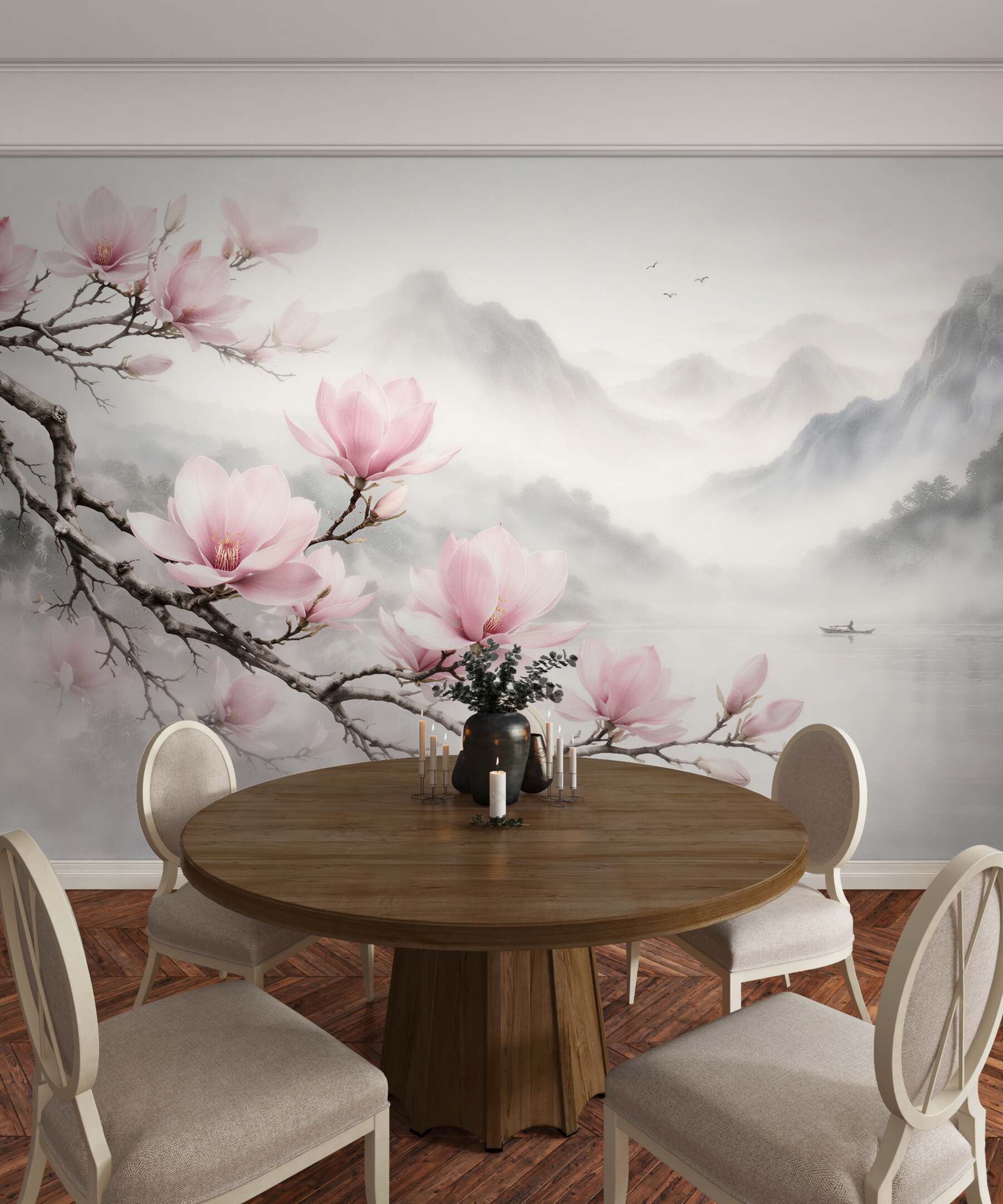 Fototapeta magnolie nad mglistym jeziorem górskim