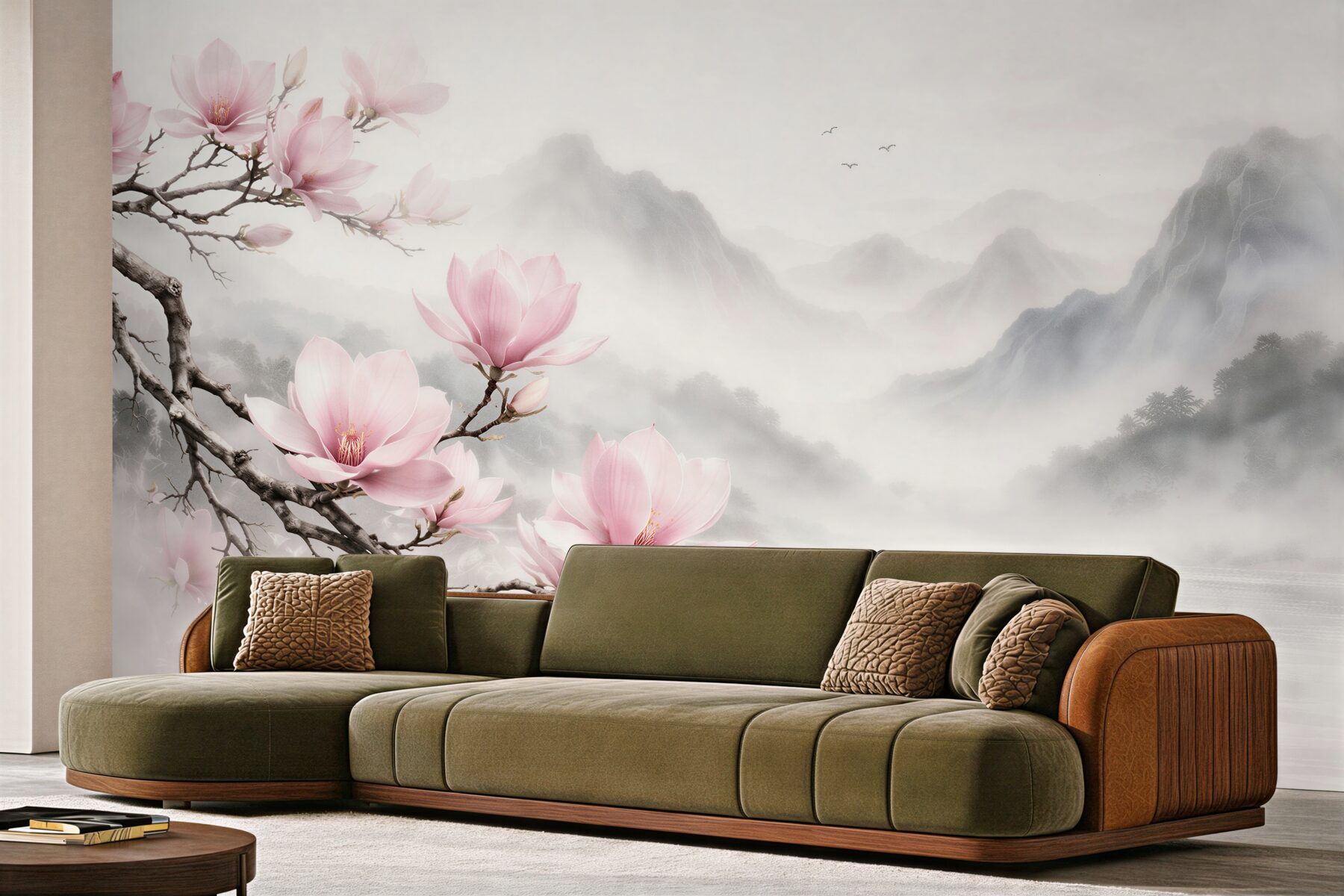 Fototapeta magnolie nad mglistym jeziorem górskim