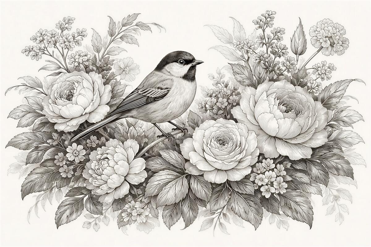 Fototapeta ptaszek wśród kwiatów retro