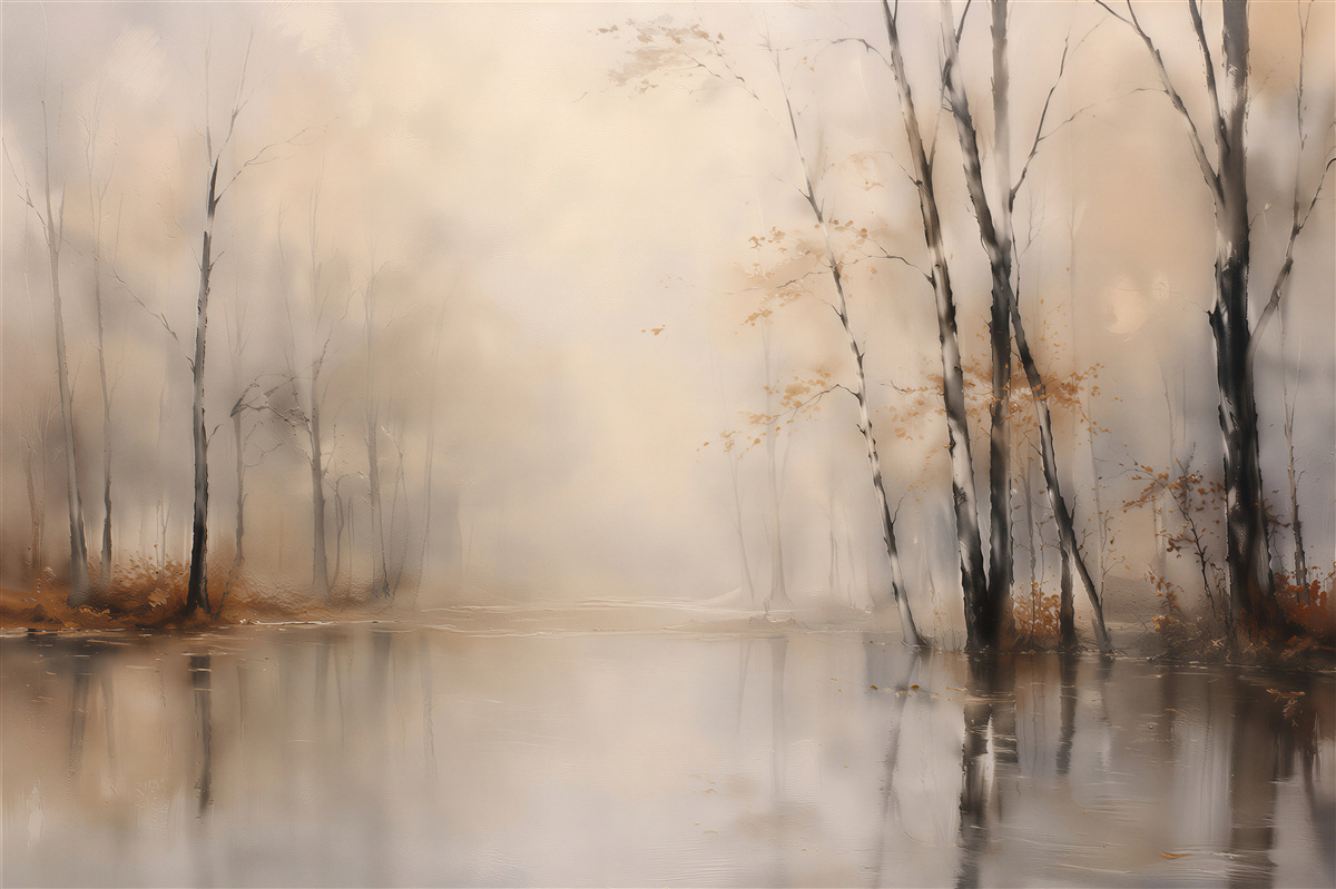 Fototapeta mglisty las nad spokojną wodą