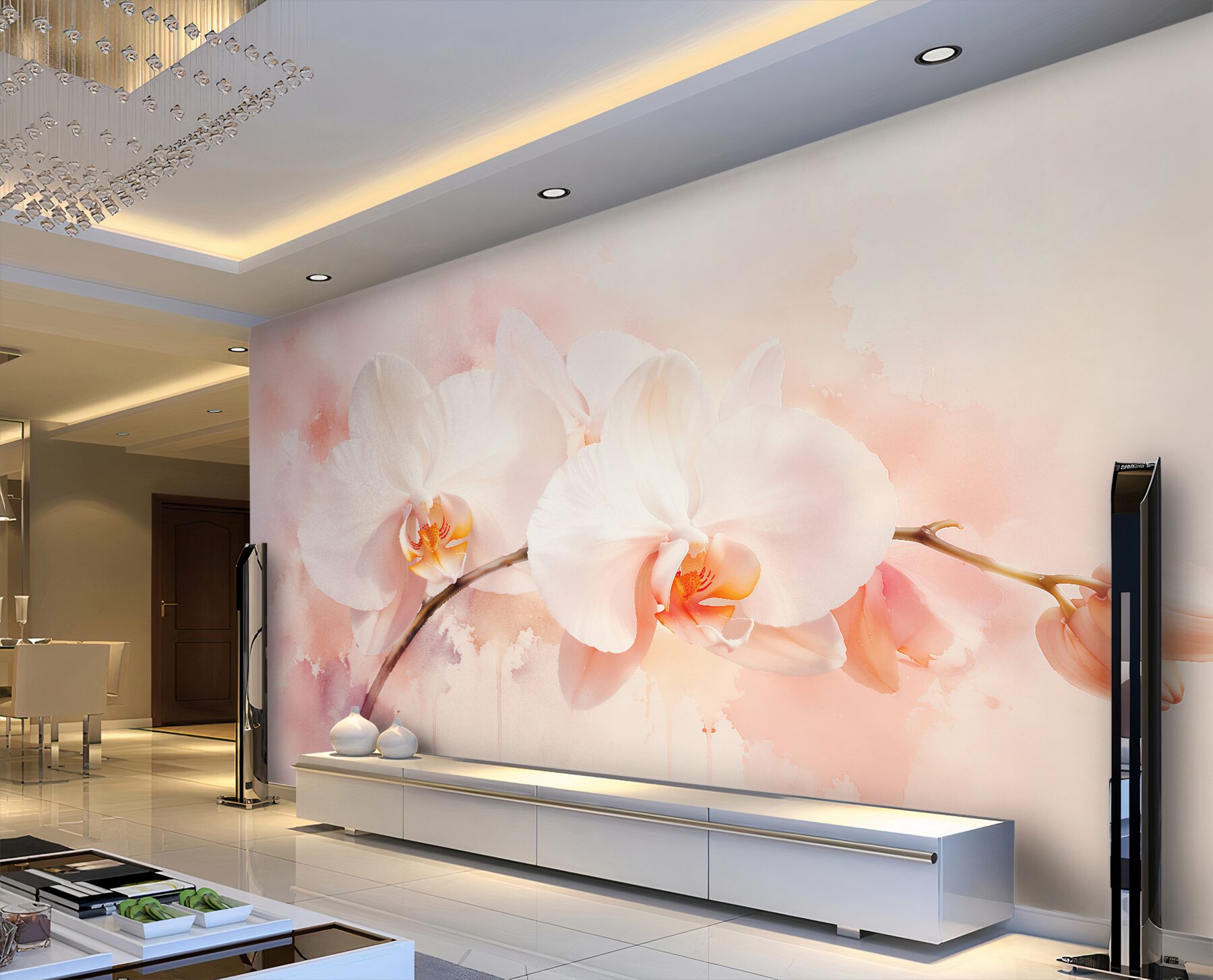 Fototapeta białe orchidee w pudrowym blasku