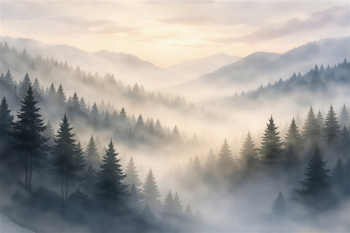 Fototapeta Świt nad lasem we mgle