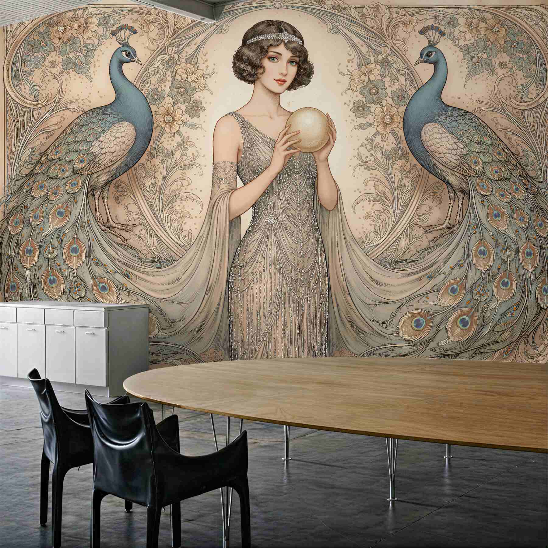 Fototapeta pawie i dama art déco