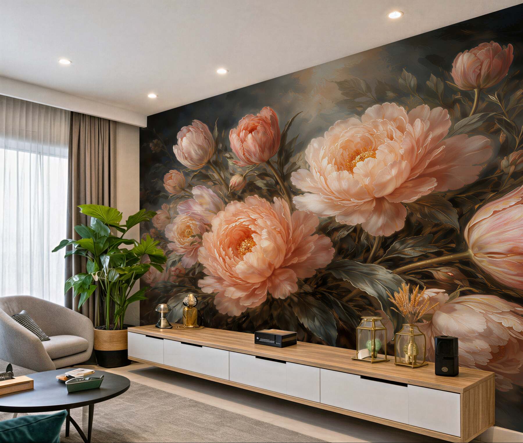 Fototapeta morelowe peonie w blasku zmierzchu