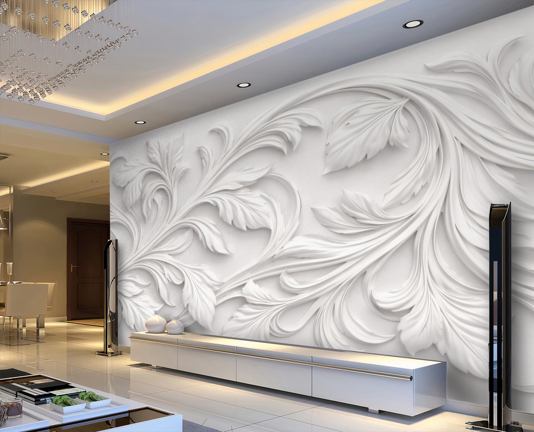 Fototapeta białe ornamenty liściaste 3d